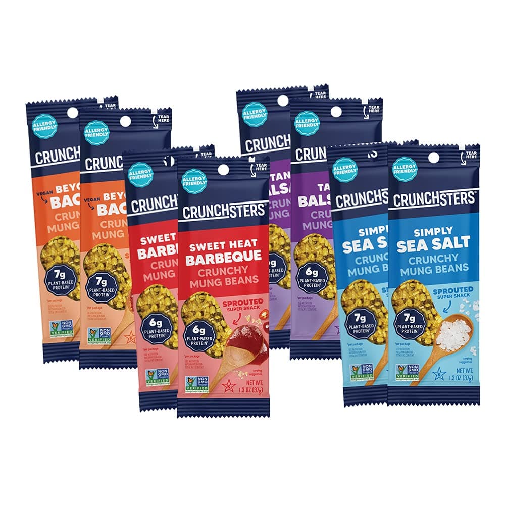 Crunchsters Crunchy Mung Beans Snack, Gluten-Free, Nut-Free, Vegan, 6g Protein/Serving or More, 1.3oz. Bags, Variety, 8-Pack