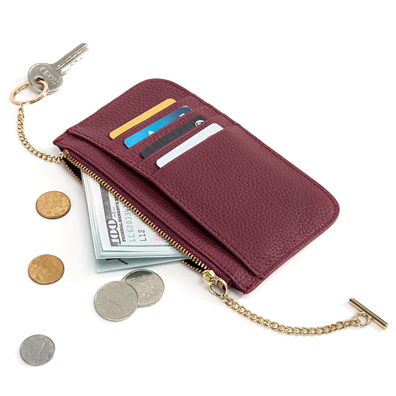 Genuine Leather RFID Small Wallets for Women Zipper Card Holder Ladies Wallets With Key Ring