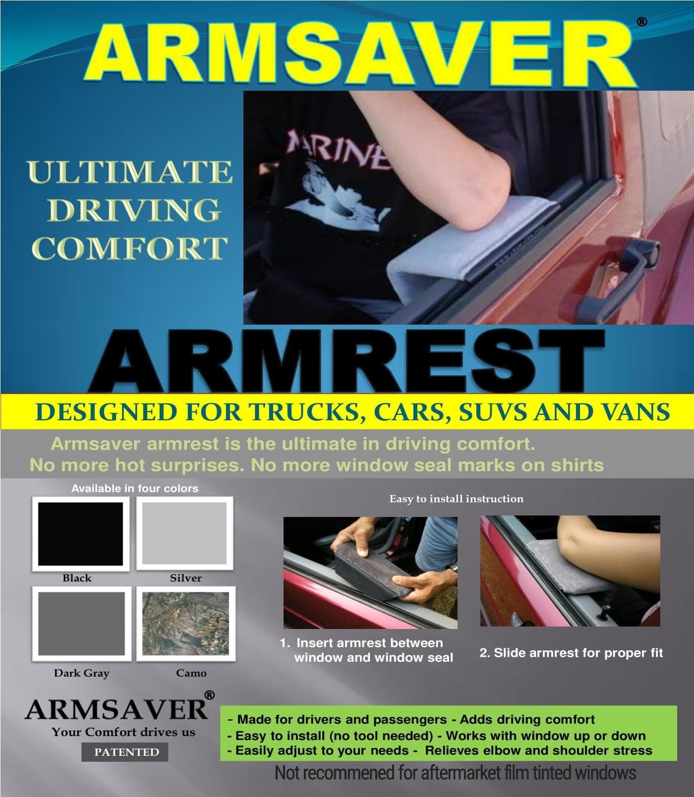 Black ARMSAVER car armrest Compatible with Chevy, Toyota Dodge Ford Nissan Chevy