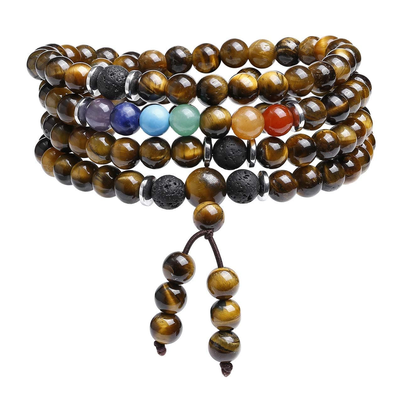 108 Mala Prayer Beads Wrap Bracelet Necklace Natural Tiger Eye Stone Bracelet Necklace 7 Chakra Reki Healing Crystal Yoga Meditation Gemstone Bracelets for Women Men Gift for Christmas