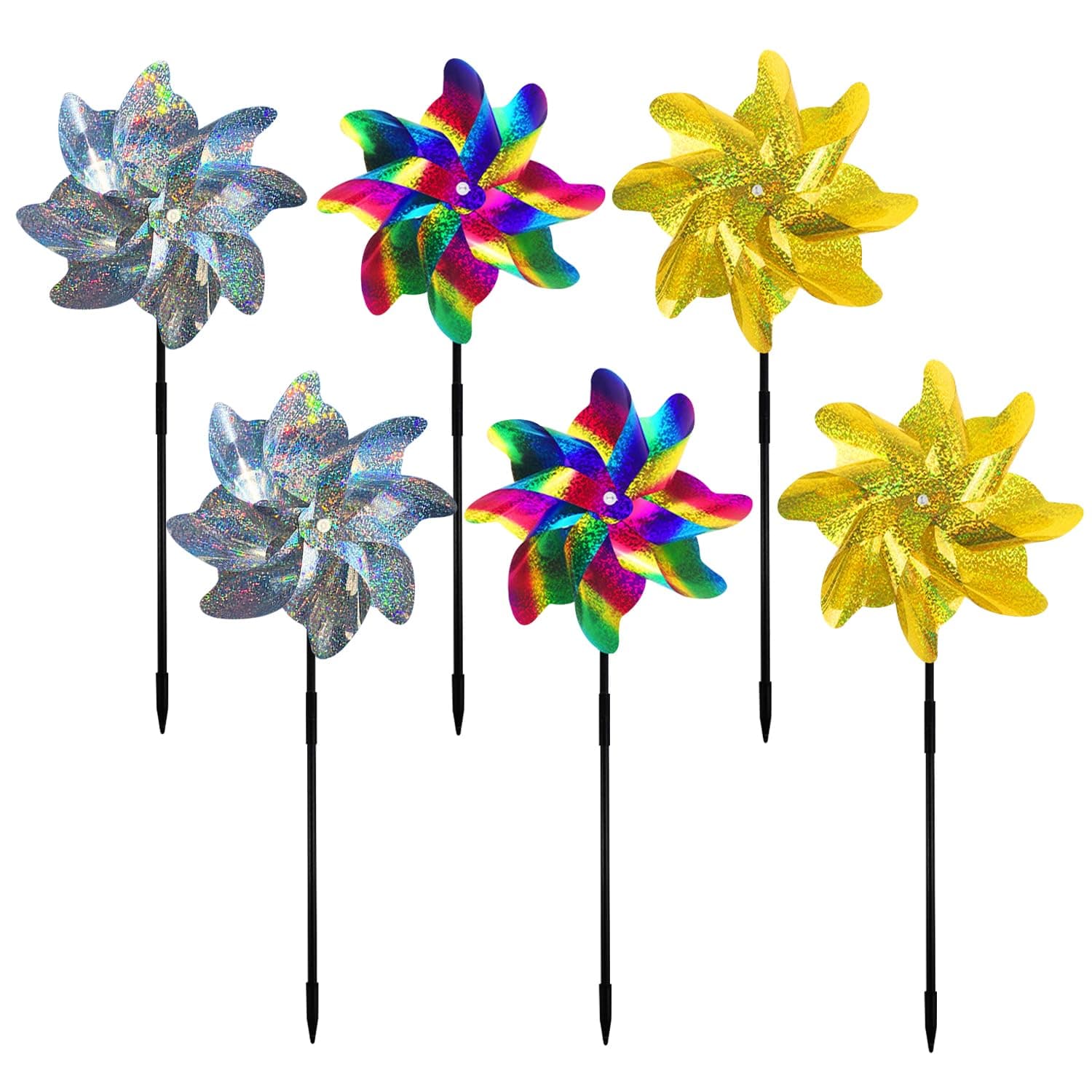 6 Pack Bird Repelling Windmill Windmill Bird Repelling Reflective Garden Bird Repelling Windmill Pigeon Resistant Windmill For Orchard Garden Yard Farm Field (Gold Silver Gradient Color)