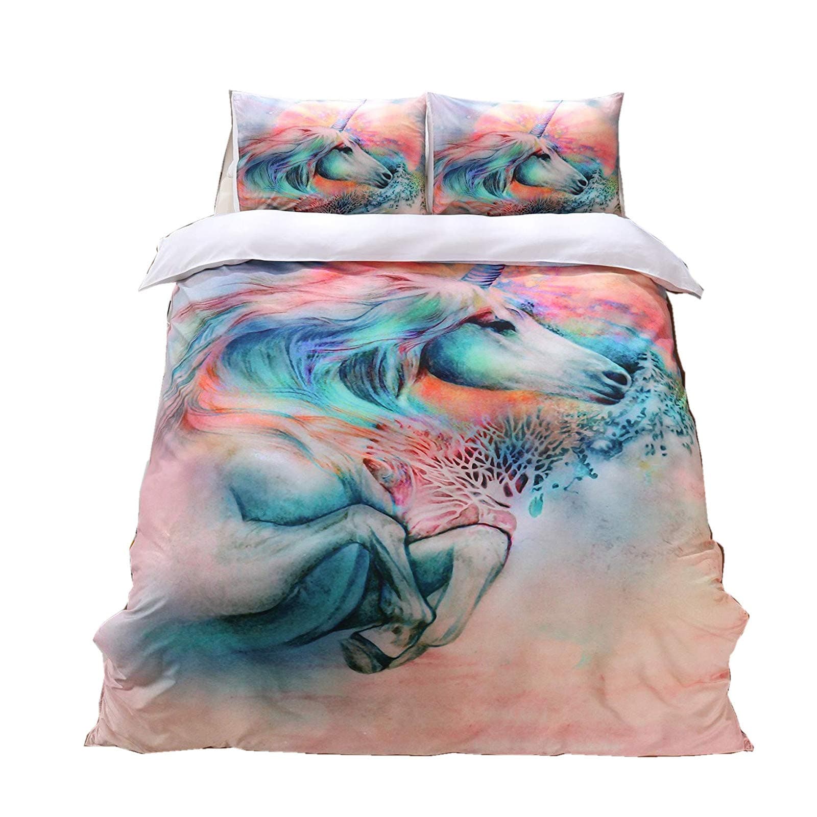 Meeting Story 3PCS Animals Unicorn Printed Duvet Cover Set, Microfiber Bedding Set (Queen, Unicorn)