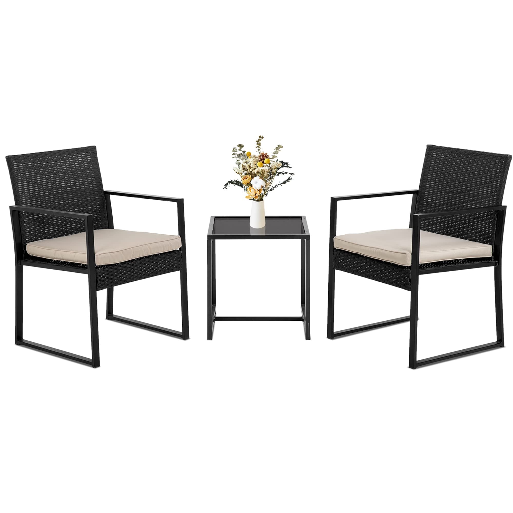 FDW | 3-Piece Patio Furniture Set | Khaki |Outdoor Wicker Furniture with Coffee Table | Modern Rattan Chairs Conversation Set | Outdoor Seating | Weather-Resistant | for Porch, Garden, Lawn