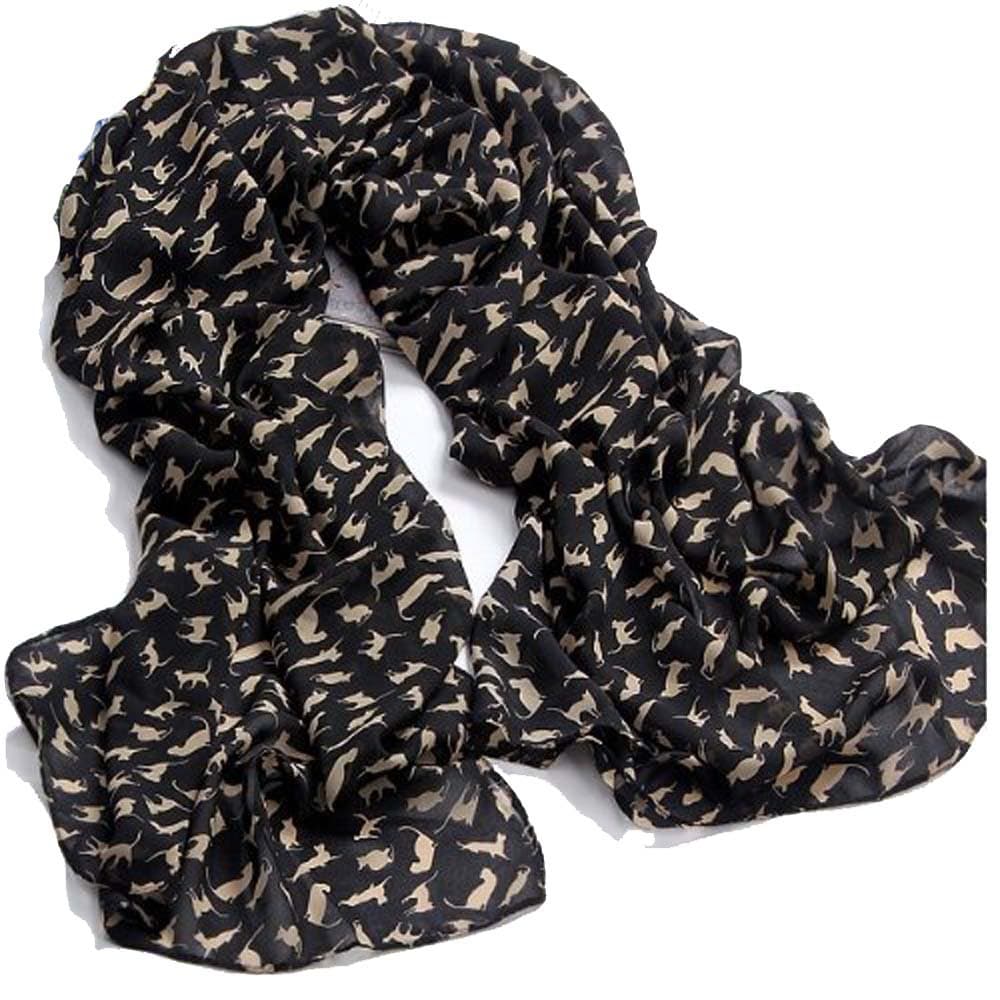 Piggy2gether - Casual Cat Print Black Soft Long Chiffon Scarf Wrap for All Season