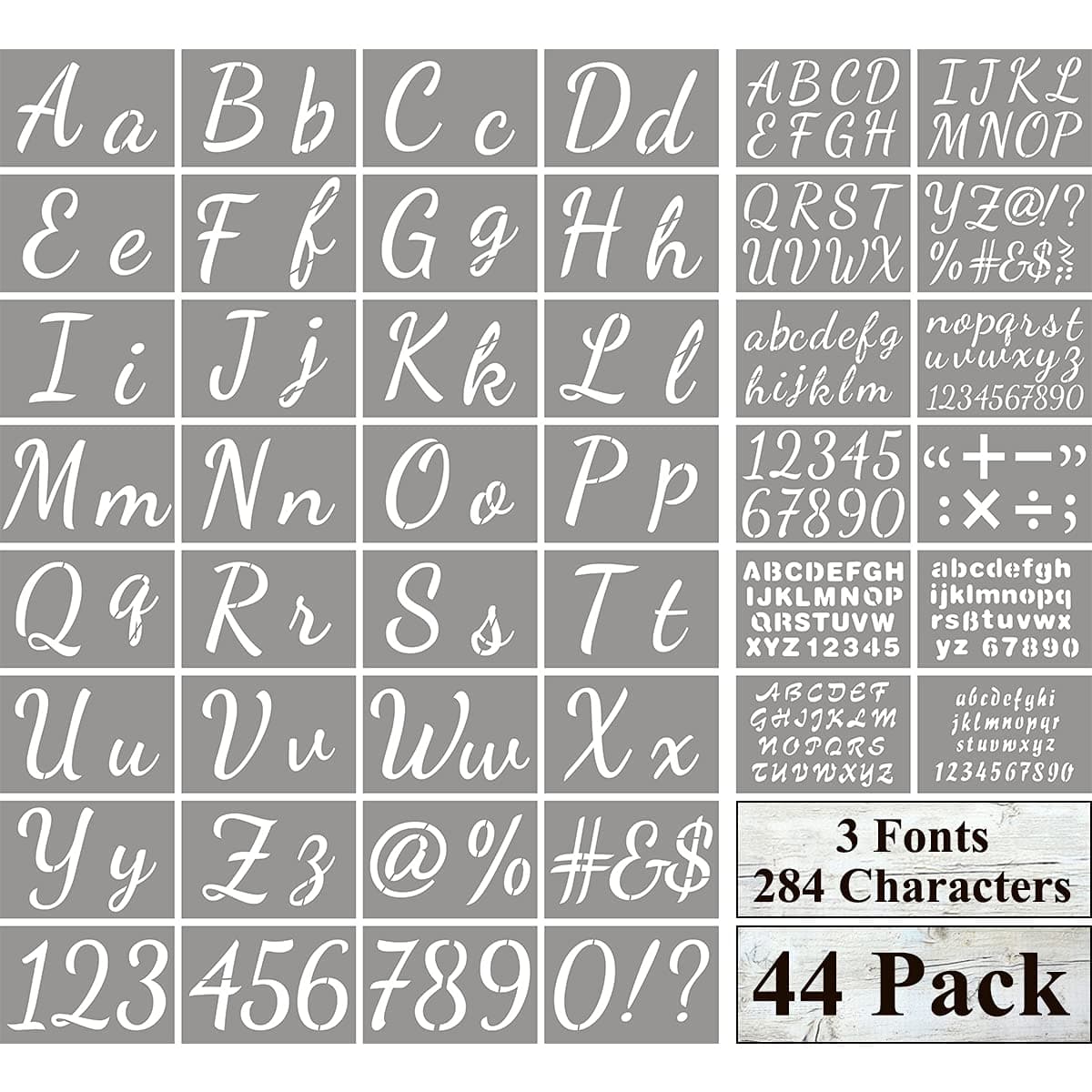 Large Letter Stencils for Painting on Wood - 44 Pack Alphabet Letter Number Stencil Templates with Signs, Reusable Plastic Stencils in 3 Fonts and 284 Designs for Chalkboard Fabric Wood Signs