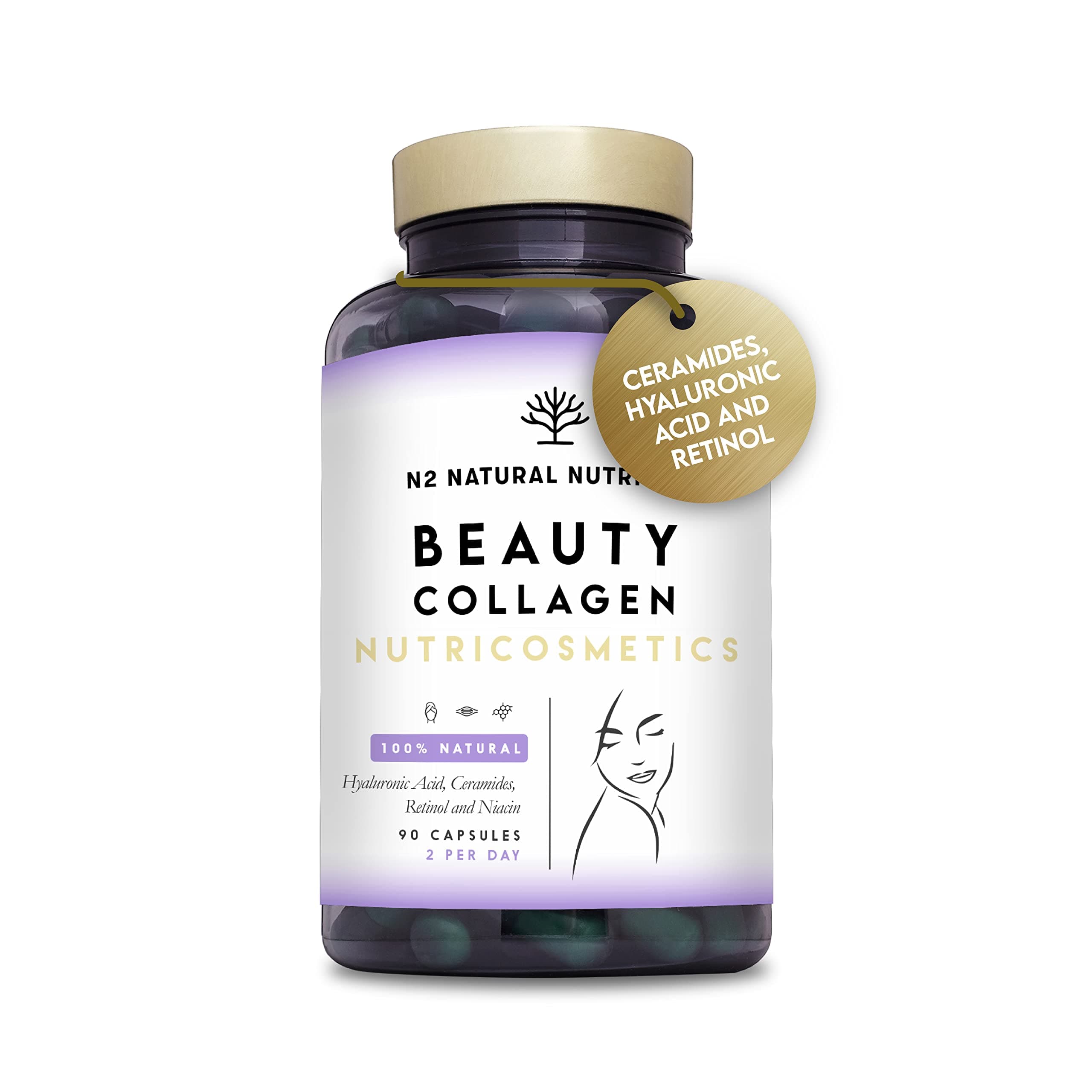 Collagen Supplements for Woman, with Retinol & Hyaluronic Acid, Ceramides and Niacin | Skin Care, Anti-Wrinkle and Anti-Aging Effect, Marine Collagen Innovative Formula | 90 Vegetable Capsules