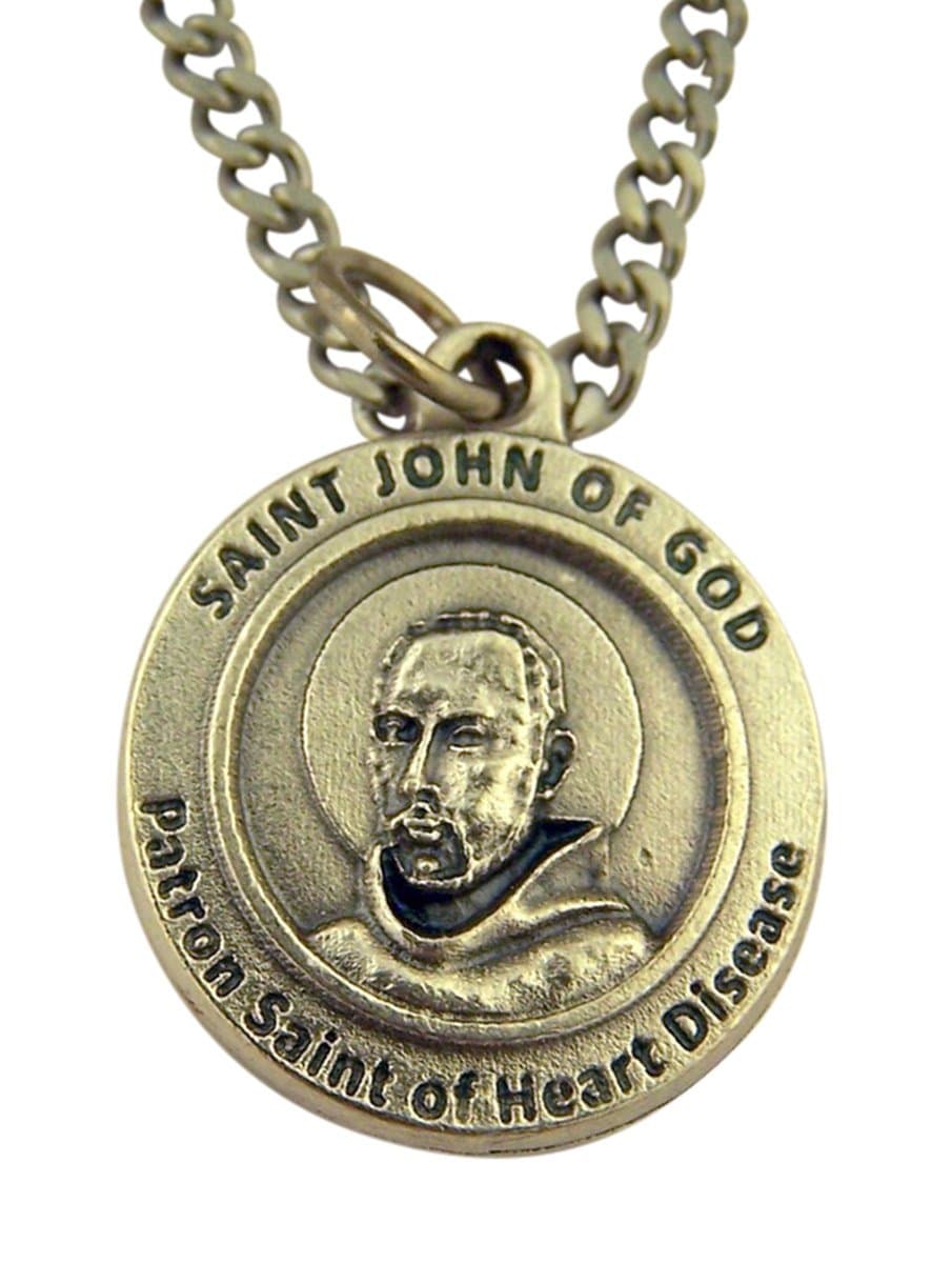 Catholic Saint CharmsSilver Tone Saint John of God Patron of Heart Disease Medal on Chain, 3/4 Inch