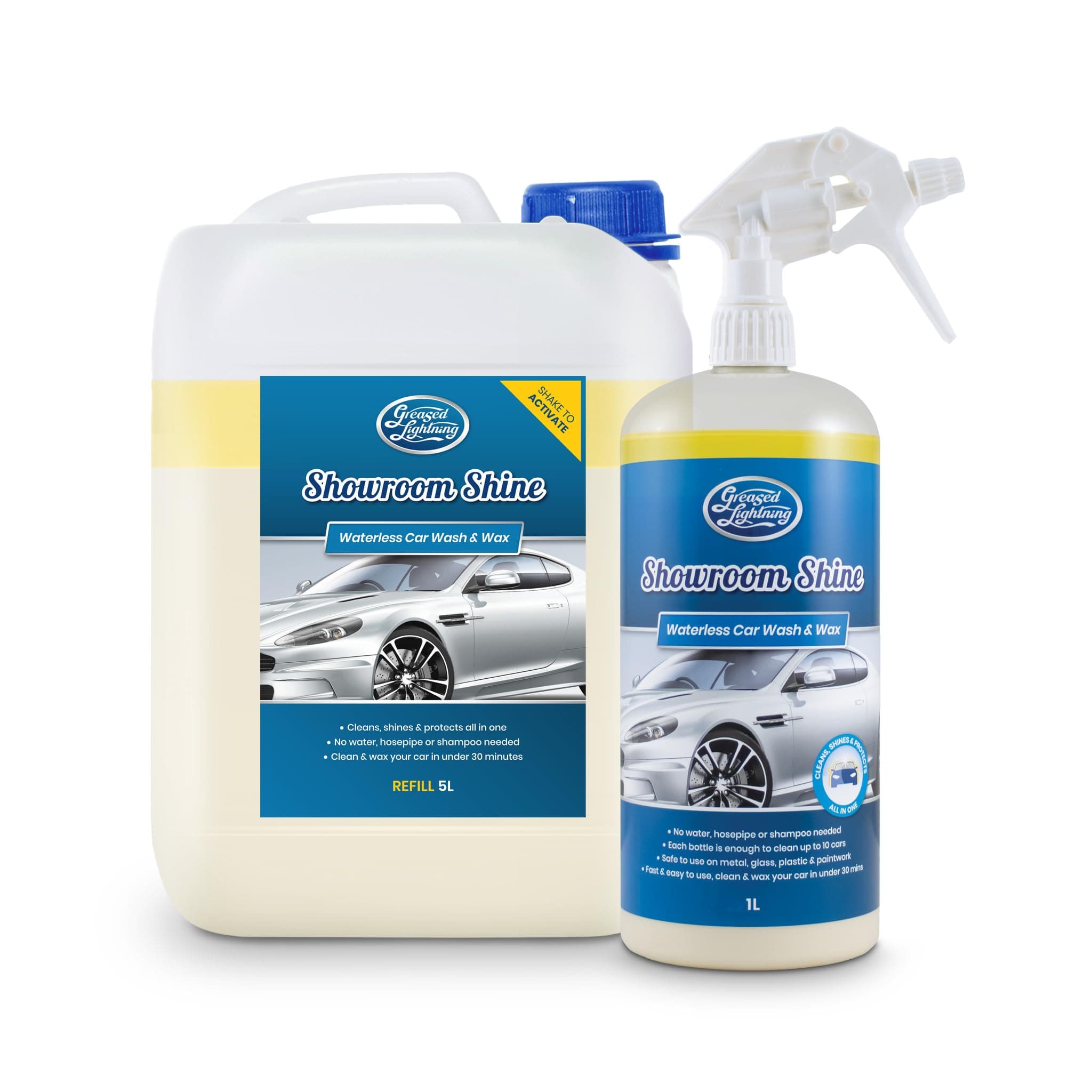 Showroom Shine Waterless Car Wash and Wax, Super Easy and Fast, No Water, Premium Shine, Protects and Cleans, Suitable for Cars, Caravans, Motorbikes - 5 Litre Refill Plus 1 Litre