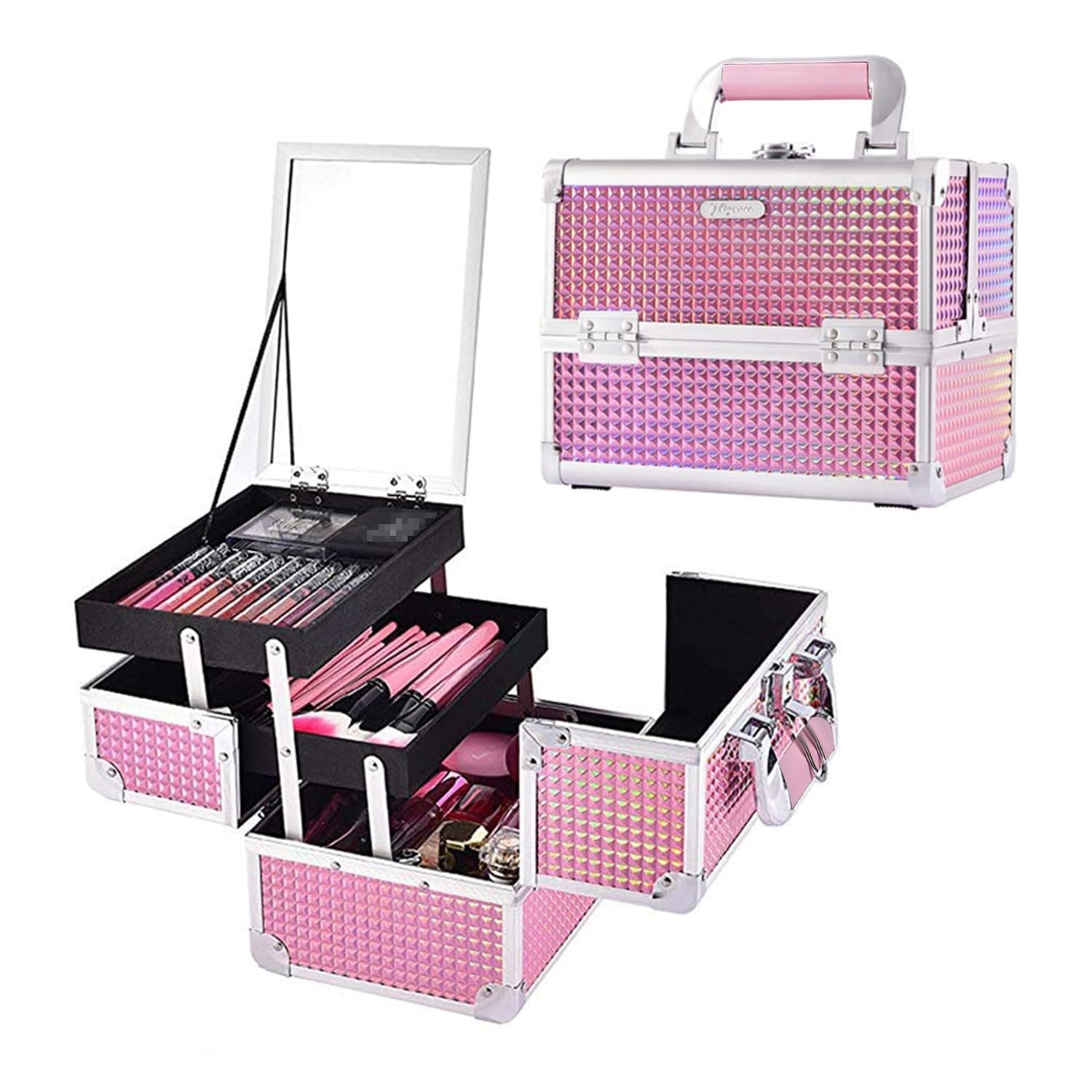 Joligrace Makeup Box Cosmetic Train Case Jewelry Organizer Lockable with Keys and Mirror 2-Tier Tray Portable Carrying with Handle Travel Storage Pink Mermaid Pink