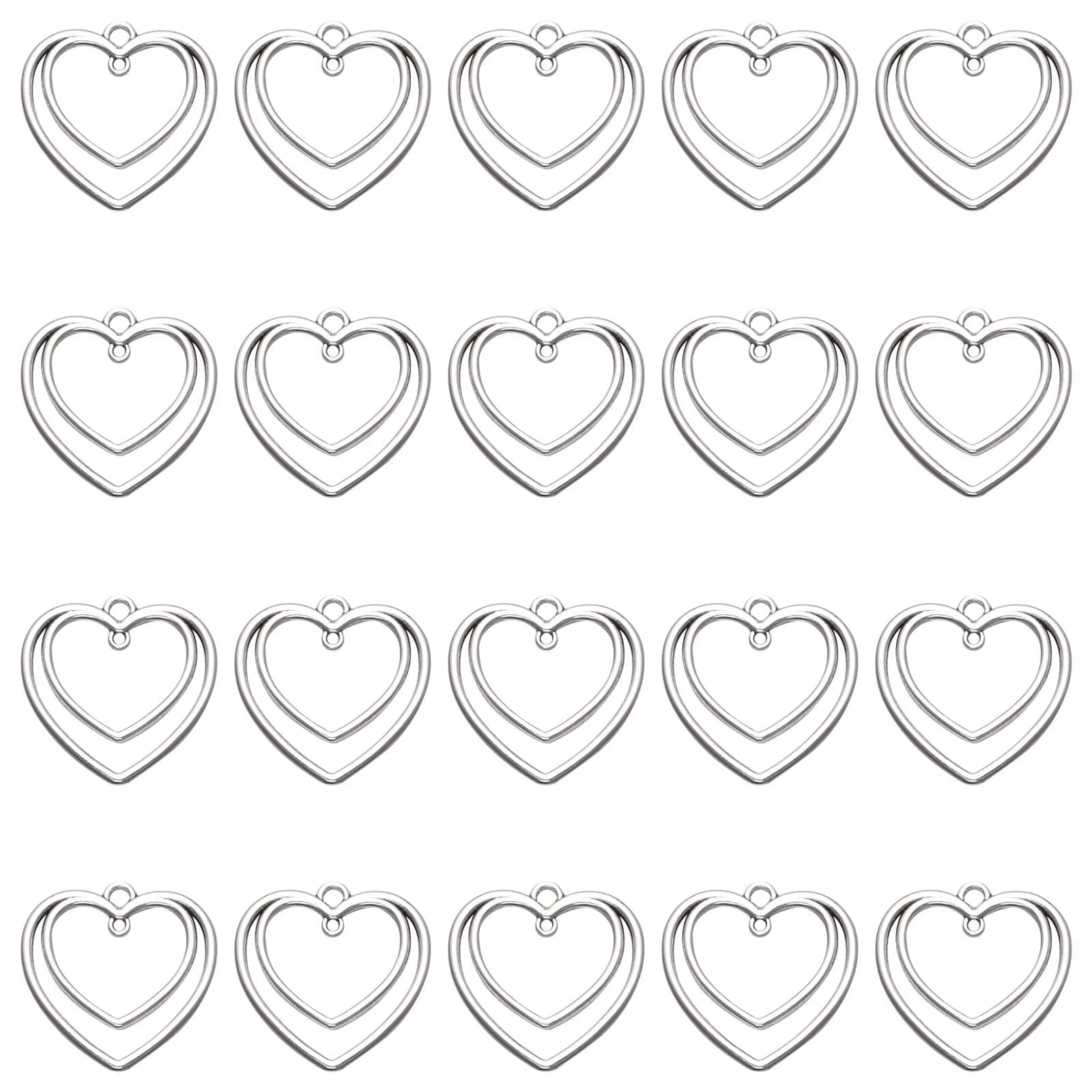 50Pcs Double Heart Charm Alloy Pressed Flower Blank Frame Pendants Hollow Open Bezel Connector Charms For Resin Jewelry Making DIY Necklace Bracelet Keychain Earring