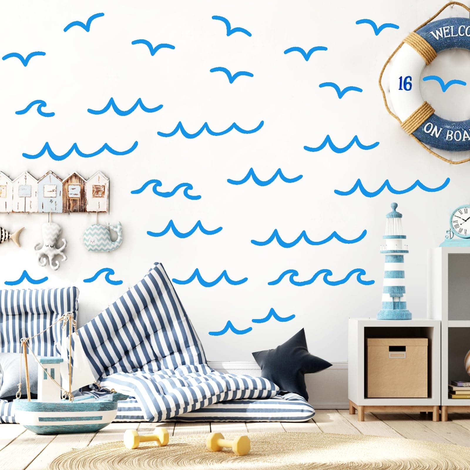 Ocean Wave Wall Decals - Blue Sea Peel and Stick Vinyl Stickers for Kids Room, Bedroom, Nursery, Bathroom, Playroom Decor - Removable