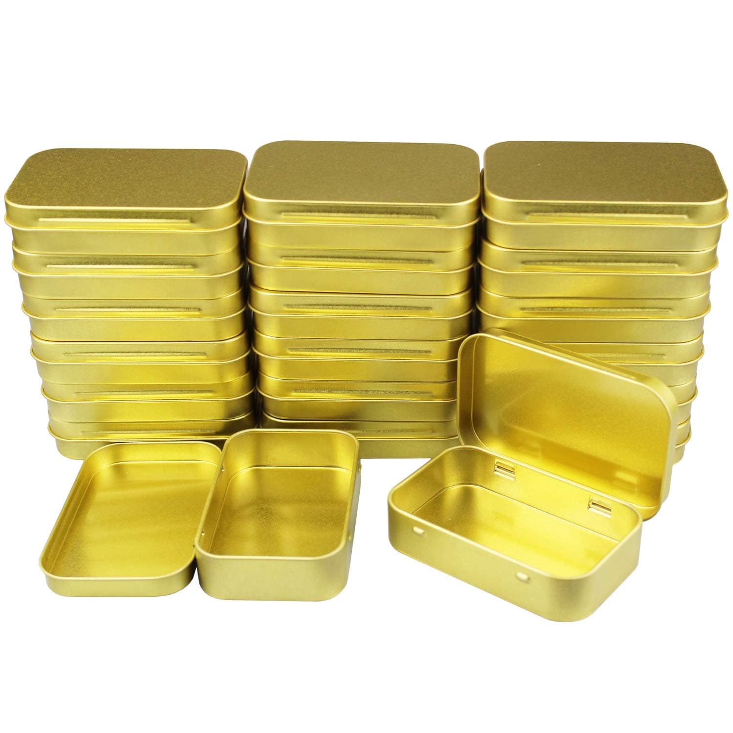 20 Pieces Rectangular Metal Empty Hinged Tins Containers Basic Necessities Home Storage Organizer Mini Box Set, 95 x 62 x 20 mm (Golden)