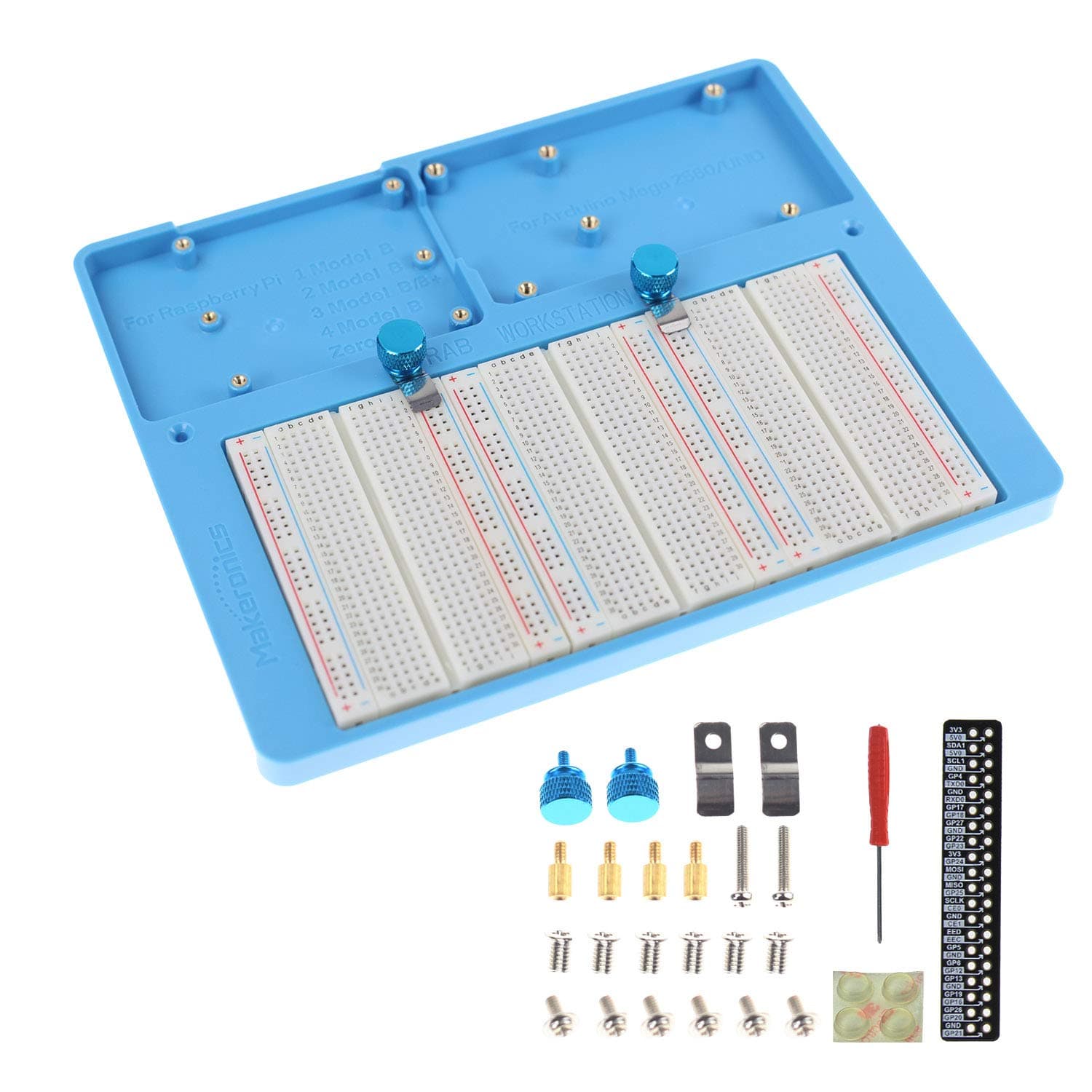 7 in 1 Blue RAB Holder and 3PCS 400 Points Solderless Breadboard | Base Plate with Rubber Feet for Raspberry Pi 4 Model B|3B+/B|2B+/B|Zero |Zero W and Arduino Mega 2560 | Uno R3