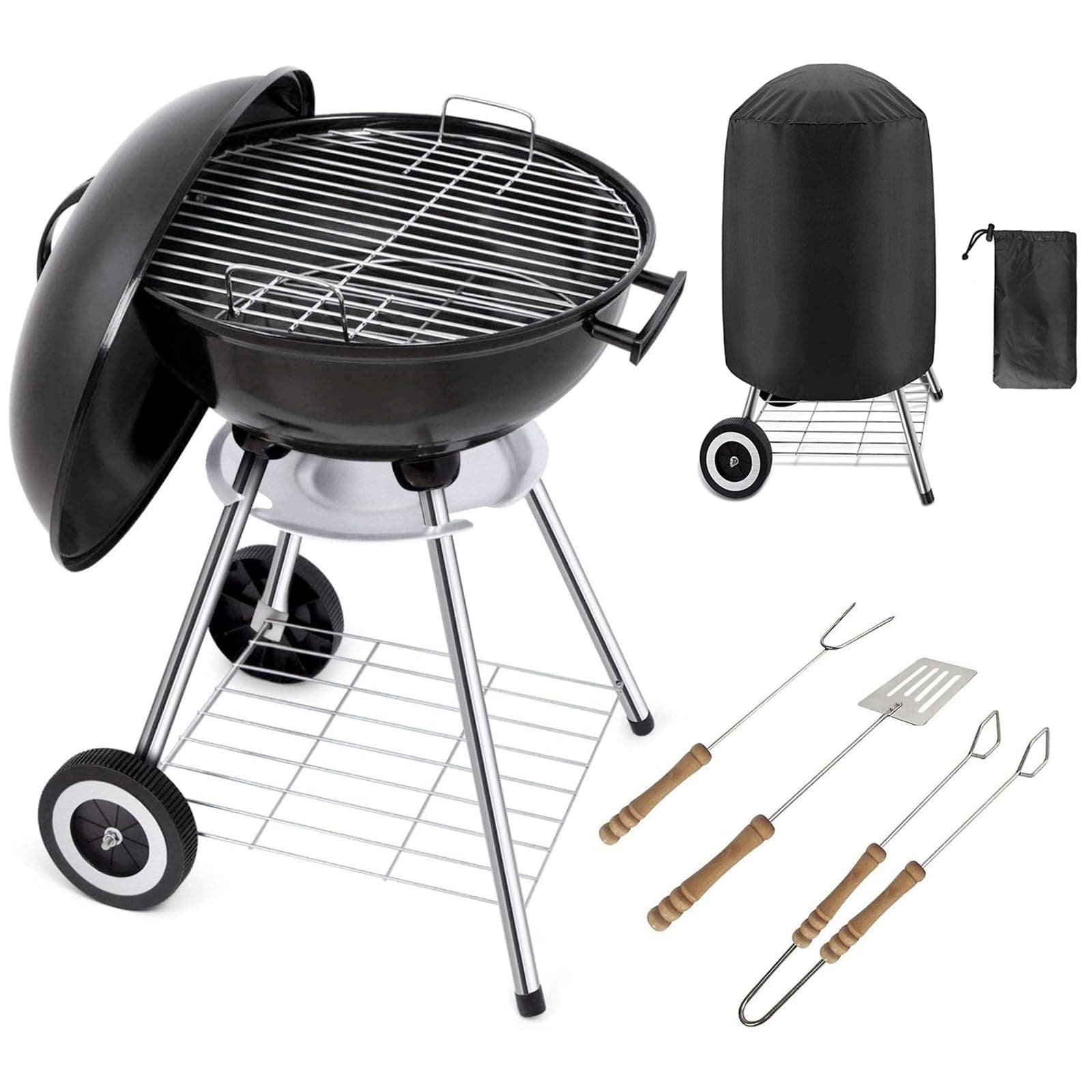 Gr8 Garden Portable 18 inch Kettle Charcoal BBQ Grill Patio Camping Barbecue Barbeque With Cooking Utensils Tools Cover Wheels Stand
