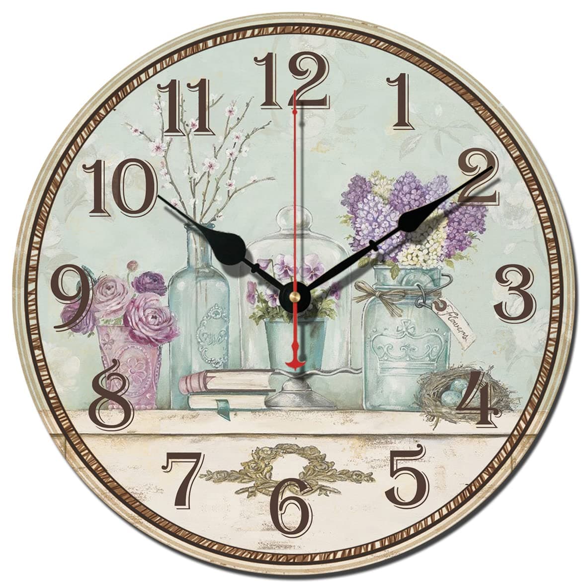 Telisha Wooden Wall Clock Purple Green Lavender Flower Vase Clock Retro Vintage Large Clock Home Decorative Country Non -Ticking Silent Quiet 14 Inch Gift