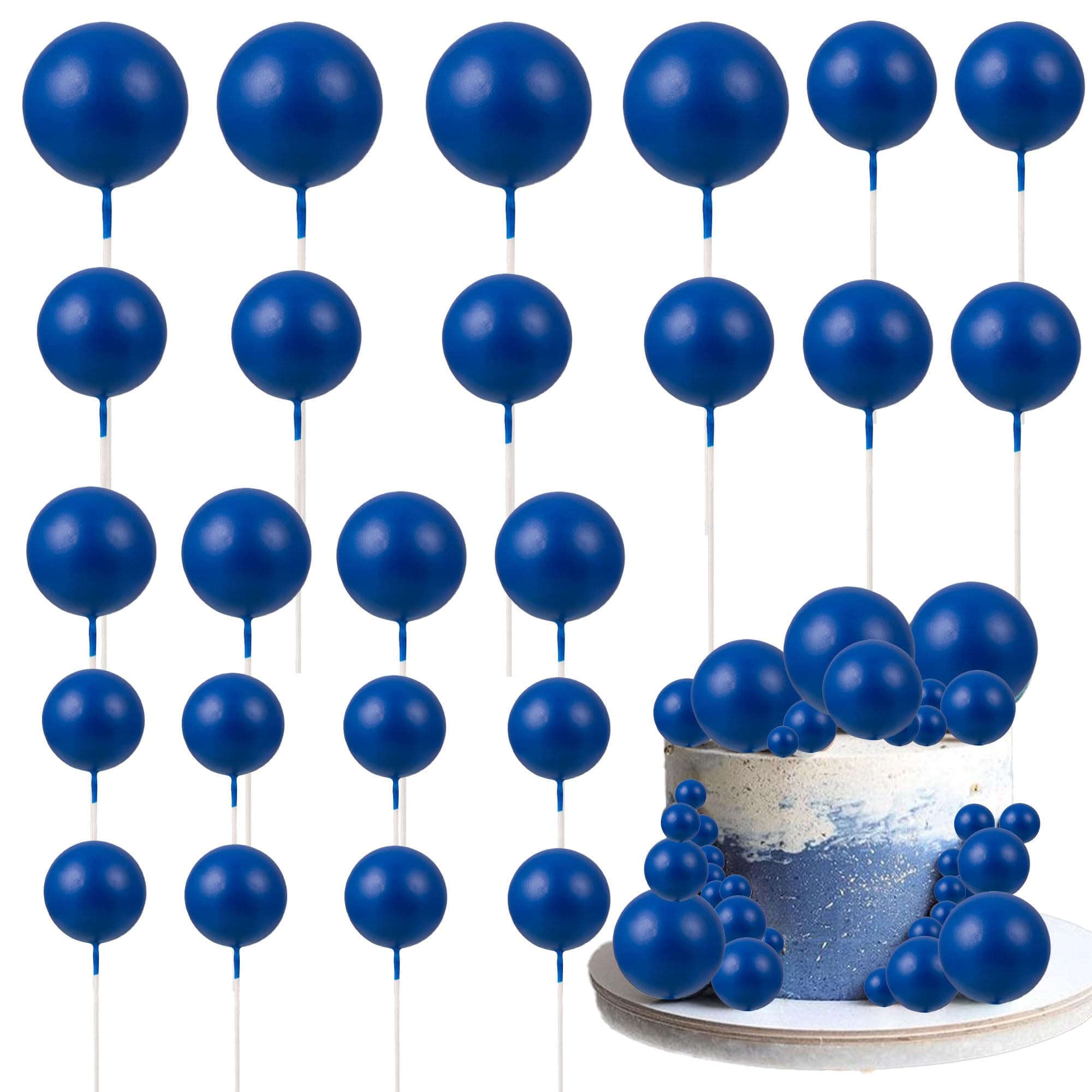 Gyufise 30Pcs Foam Ball Cake Topper Picks - DIY Balloon Insert Decorations for Wedding, Engagement, Baby Shower, Birthday Party Supplies in Royal Blue