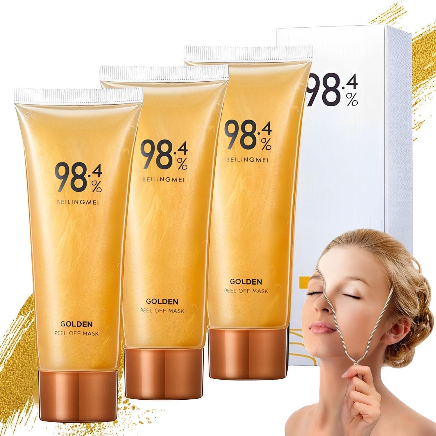 98.4% Golden Peel Off Mask, Gold Foil Peel off Facial Mask, Beilingmei Exfoliating Tear Off Face Mask, Includes Gold Leaf, Cleanses Pores, Moisturises Deep Cleansing, Reduces Fine Lines (3pcs)
