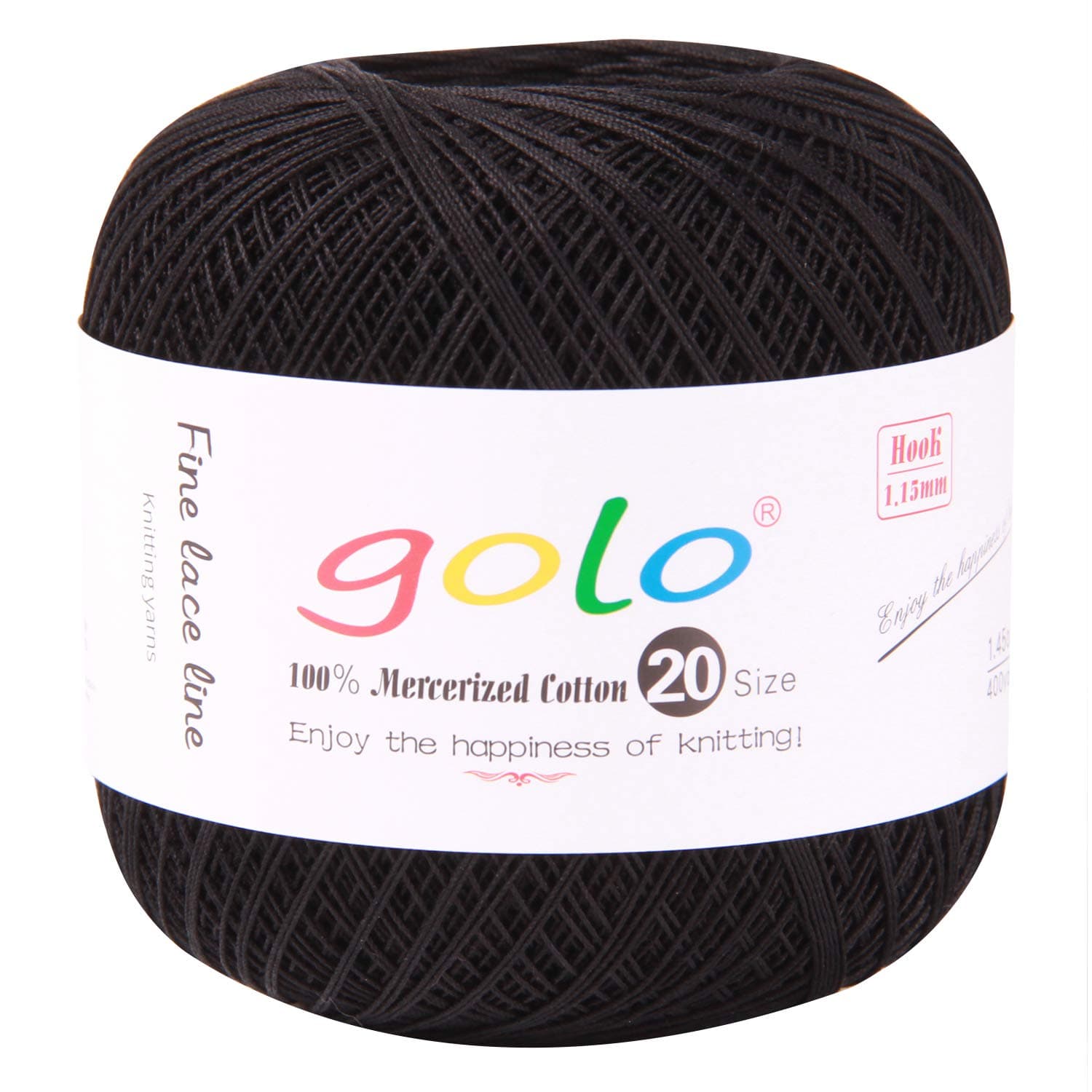 golo Black Cotton Yarn Size 20 for Hand Knitting and Crochet, 901 Black Yarn