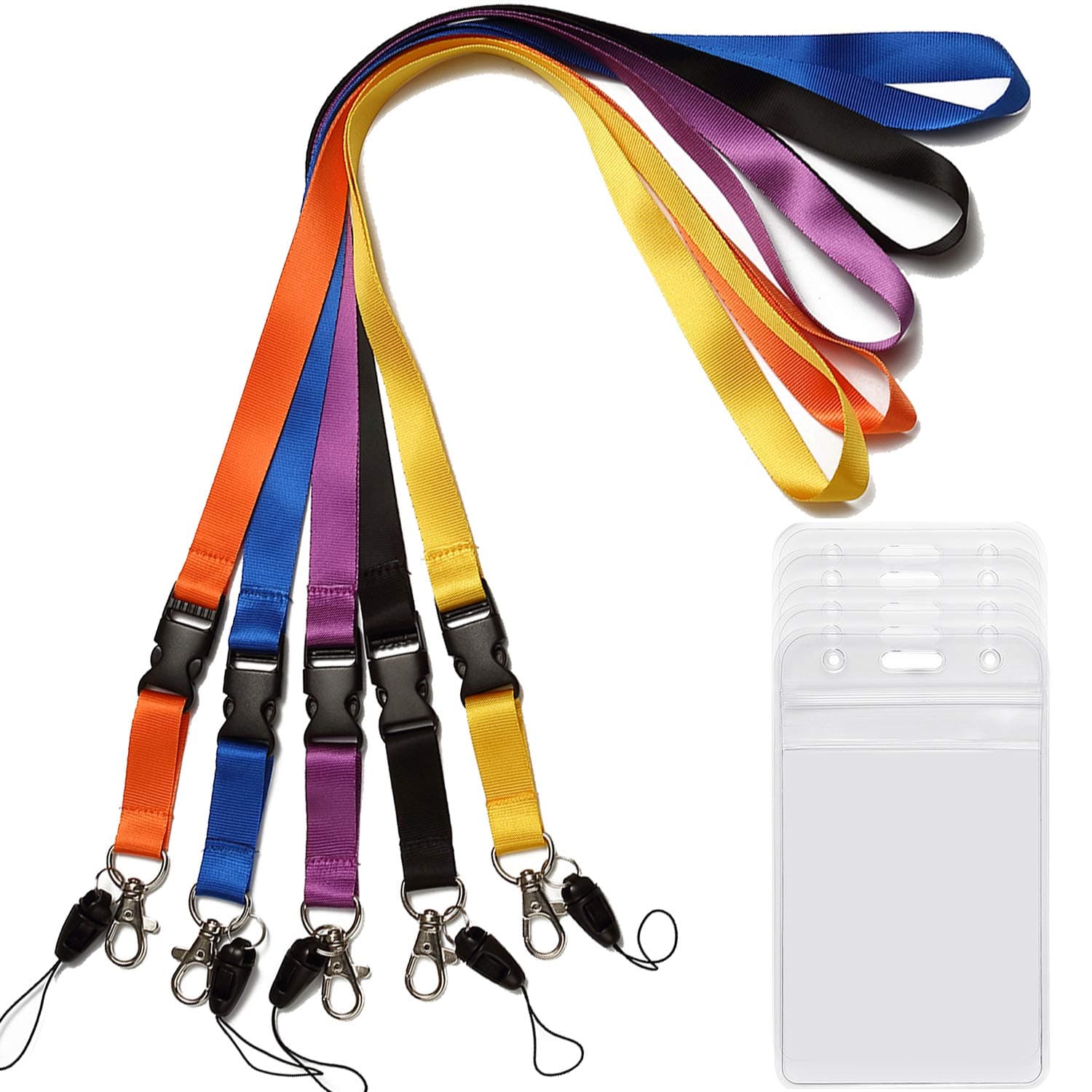 YOUOWO 5 Pack Neck Detachable Buckle Hook Breakaway Lanyards with Clear Vertical Badge Holder,for Office Keys Women Men Cell Phones USB Whistles, Black,Blue,Yellow,Orange,Purple