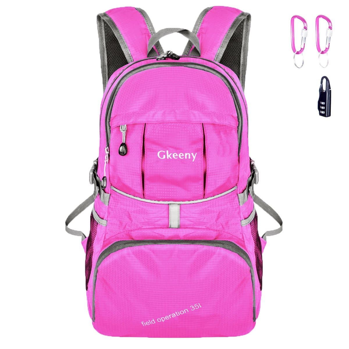 Gkeeny Lightweight Foldable Backpack 35L Ultralight Water Resistant Travel Hiking Camping Outdoor Rucksack Daypack (Pink)