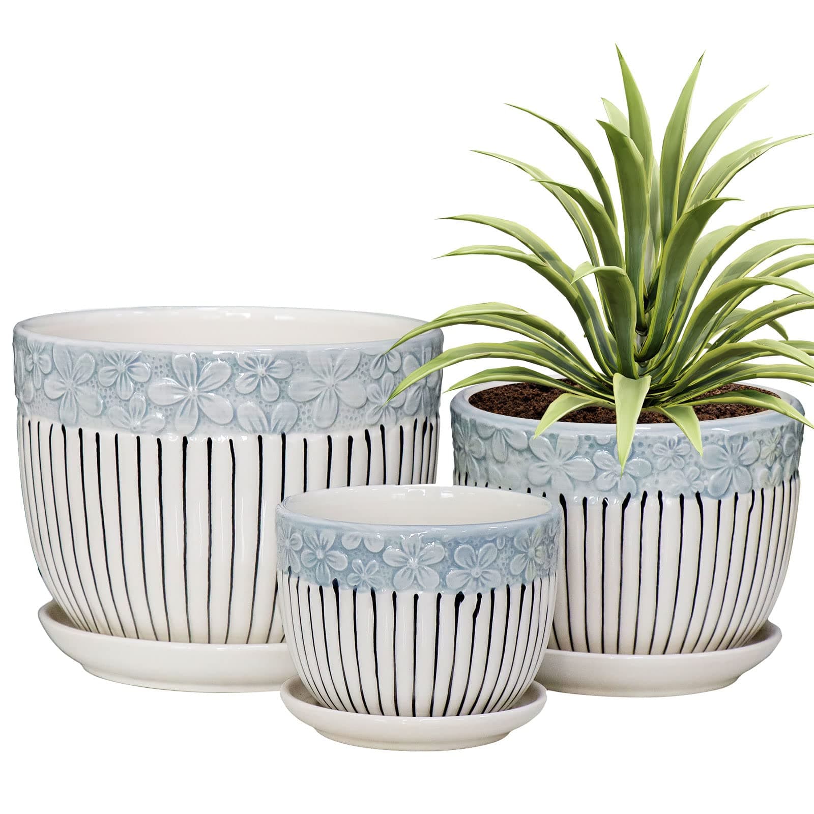 Ton Sin Grey Flower Pots,Texture Planter for Indoor Plants Set of 3 Ceramic Flower Pots with Saucer,Cute Garden Pots Succulent Pots(3 Pack,Grey