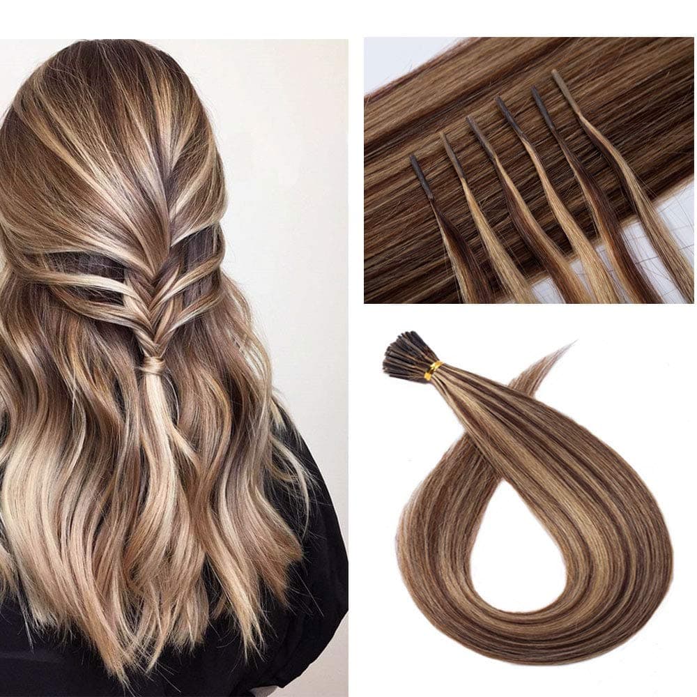Rich Choices I Tip Hair Extensions Human Hair,100 Strands 0.5g/Strands,100% Real Remy Human Hair Extension Pre Bonded Keratin Stick In 16 Inch #4P27 Medium Brown Highlight Dark Blonde