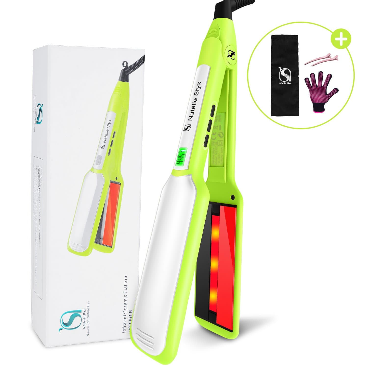 Natalie Styx Infrared Hair Straightener, Professional Flat Iron with 2 inch Titanium Floating Plate, Dual Voltage Straightening Iron, Ideal Gift for Womens | Inclus Travel Pouch, Salon Clip, Glove