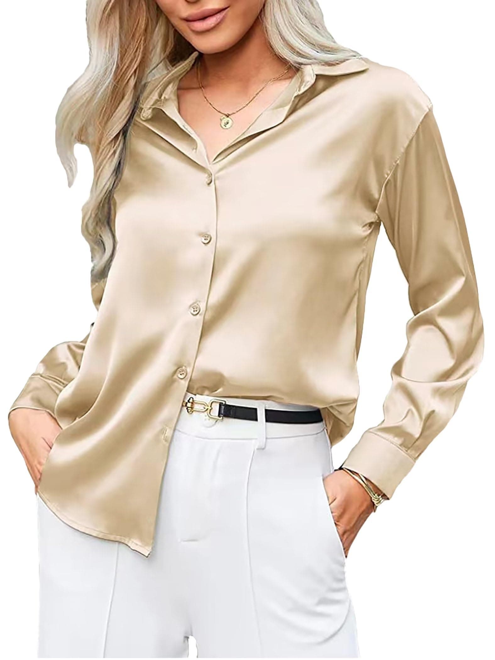 GZ-LAOPAITOUSatin Button Down Shirts for Women Long Sleeve Blouses Silk Office Tops