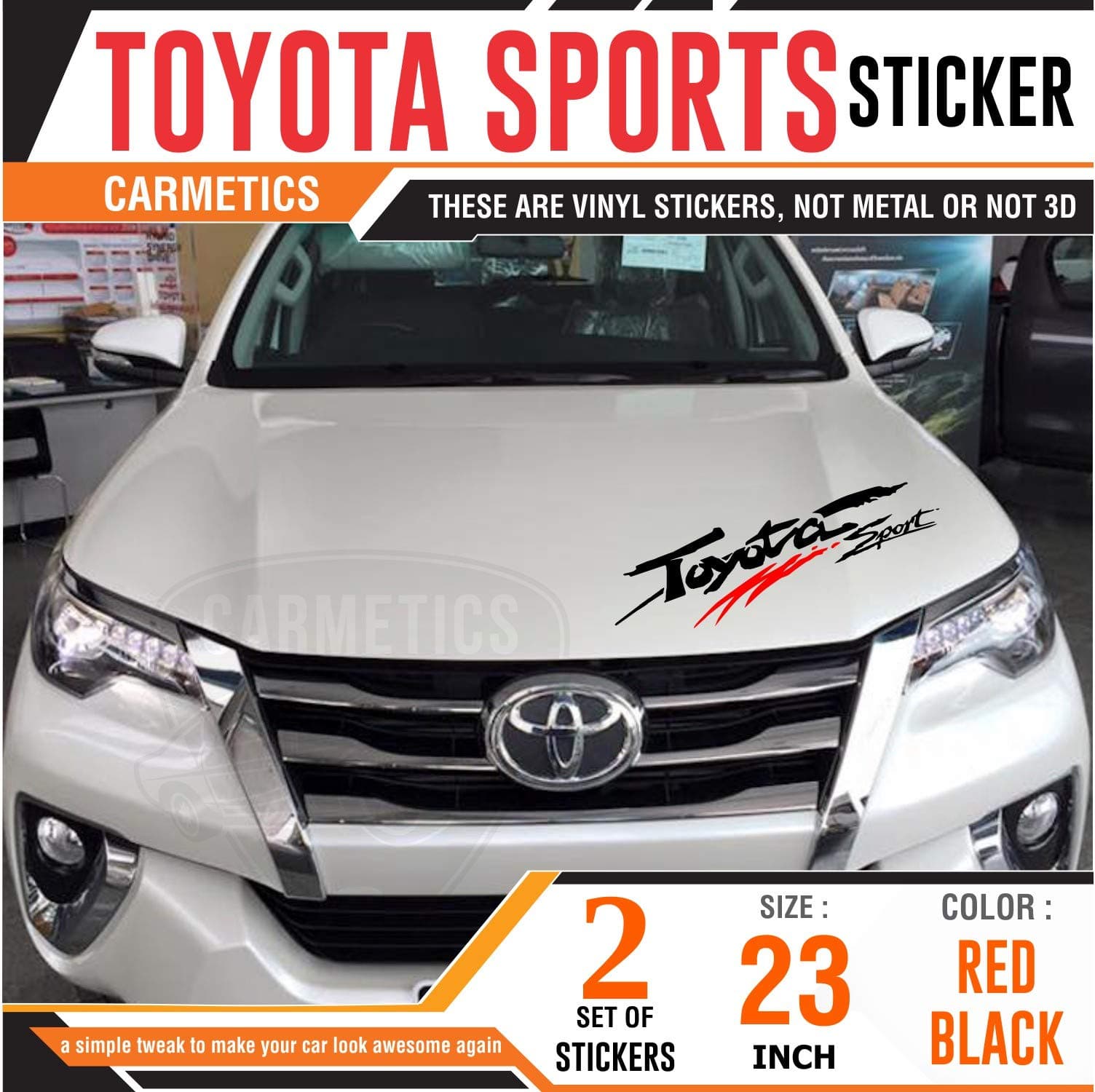 Carmetics Toyota Sports Reflective car Bonnet Sticker Bumper Decal Window Exterior Accessories Body Graphics for Toyota Land Cruiser Prado red Black Set of 2