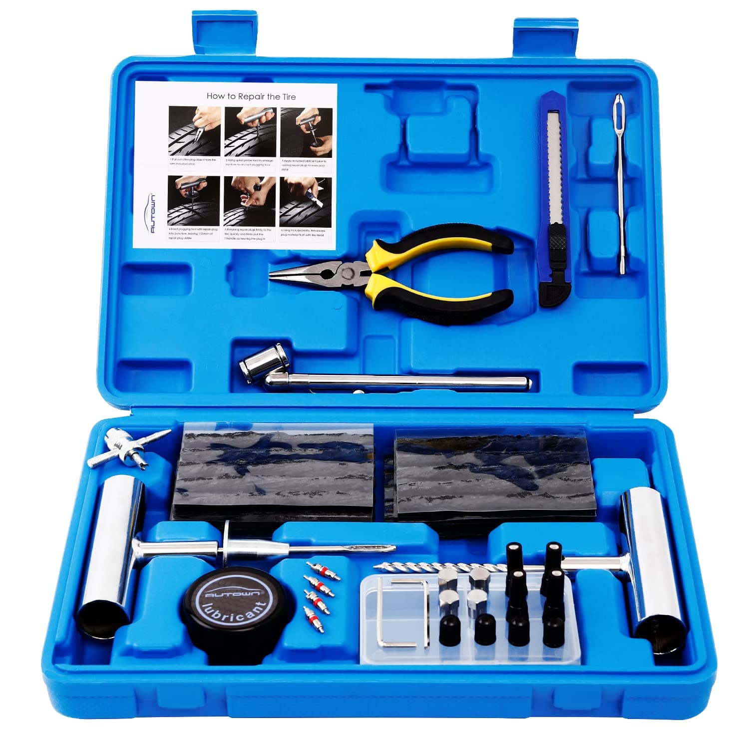 AUTOWN Tire Repair Kit - 67pcs Heavy Duty Tire Repair Tools & Tire Repair Set for Car, Motorcycle, Truck, ATV, Tractor, RV, SUV, Jeep, Trailer, Lawn Mower