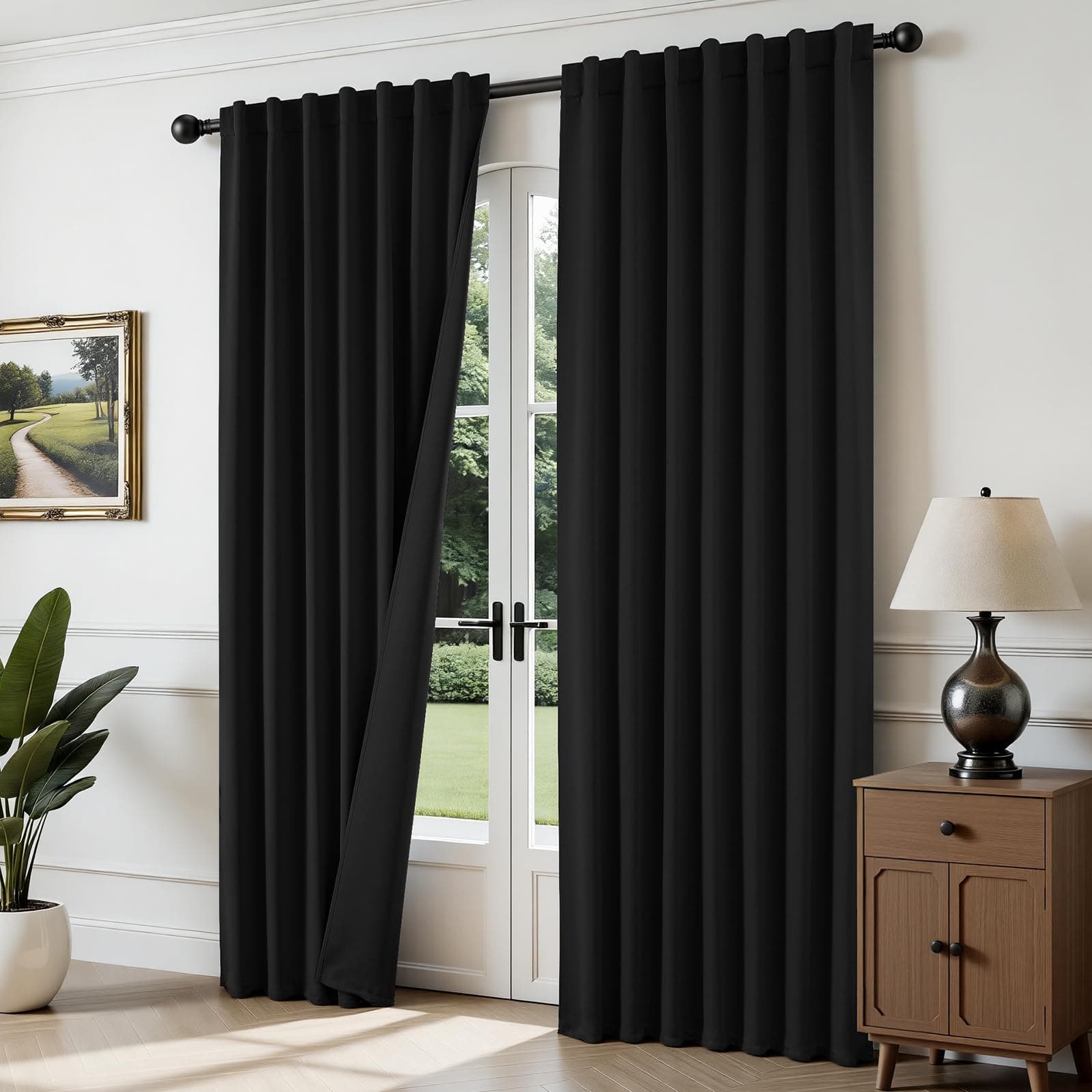 - Joydeco Blackout Curtains for Bedroom, Black out curtains 96 inch long 2 Panels, Long Black Drapes with Rod Pocket Back Tab, Room Darkening Noise Reducing & Wrinkle-Free Drapes for Living Room Windows