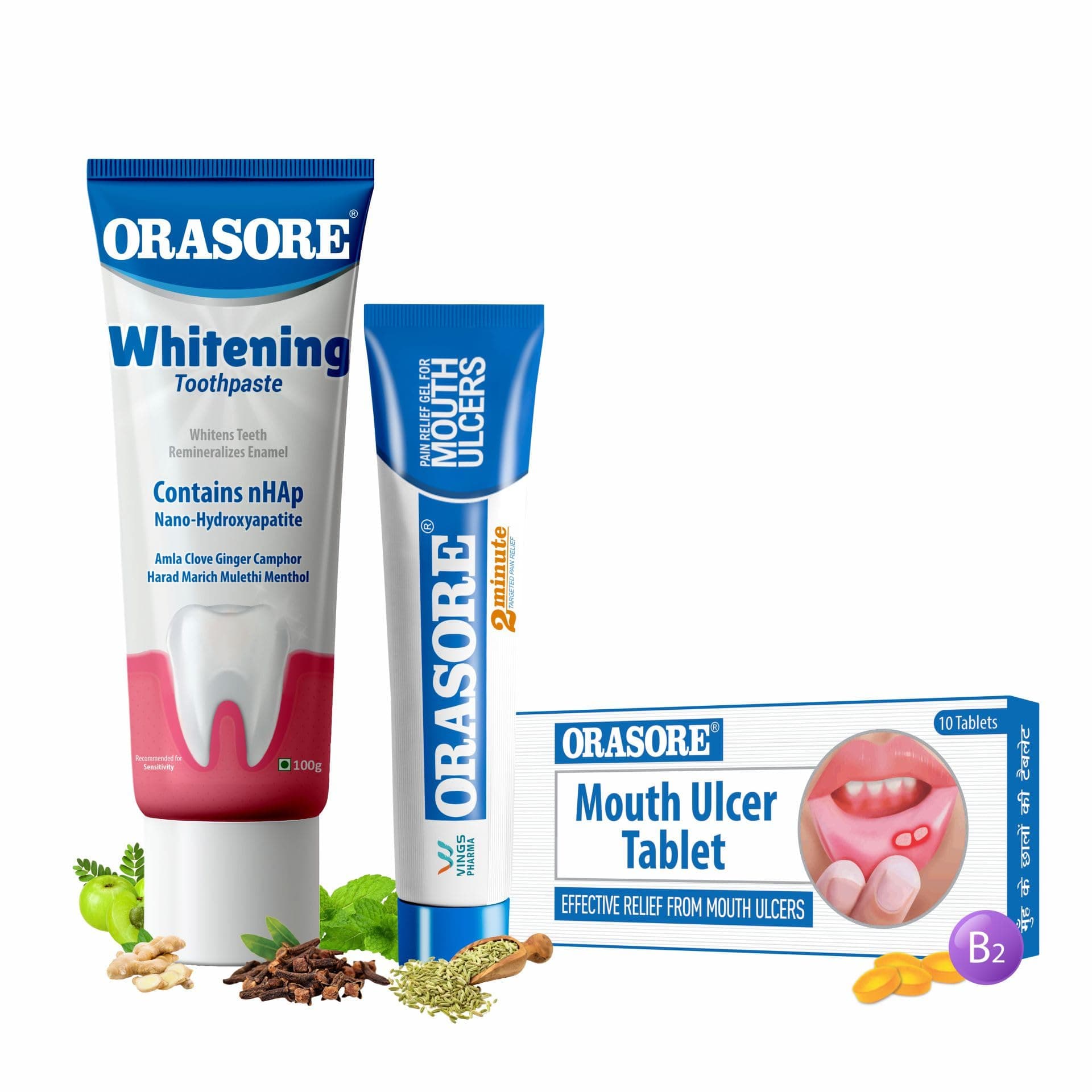 Perfect Trio Combo | Mouth Ulcer Gel 12g + Mouth Ulcer Tablets (10) with Free Pen + nHAp Whitening Toothpaste 100g | Radiant Smile, Oral Ulcer Control & Probiotic Support