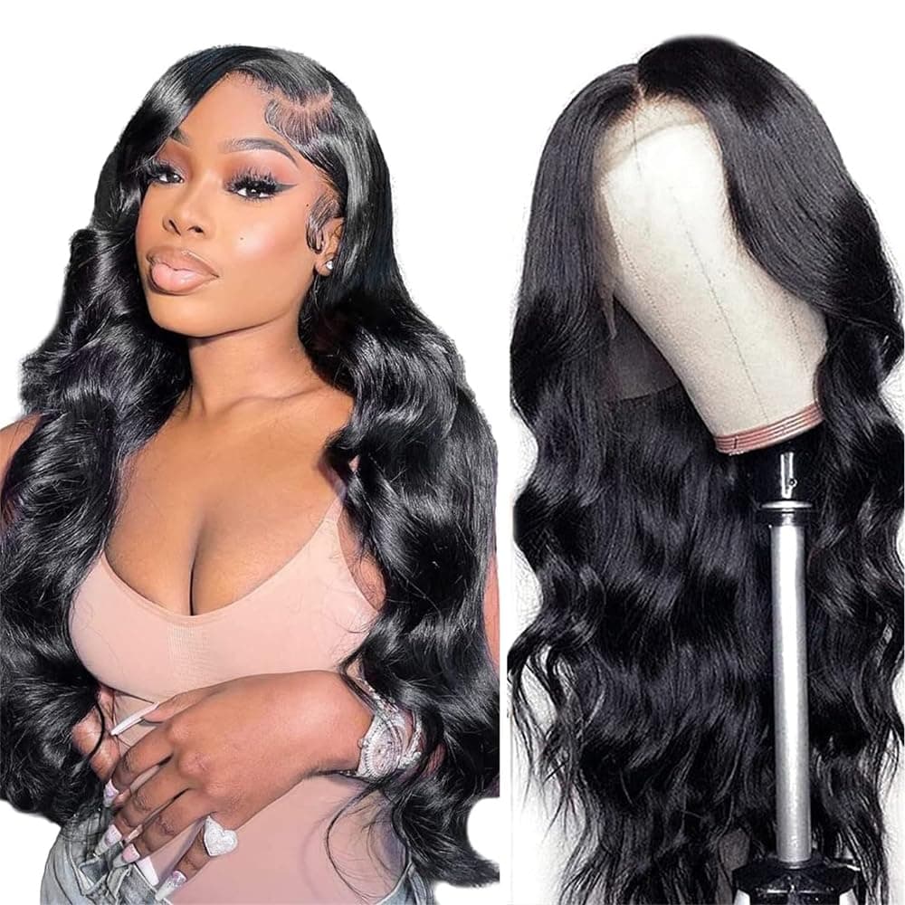Lace Front Wigs Human Hair Pre Plucked 180 Density 26 Inch HD Body Wave Wig, 10A Frontal Wig, Black