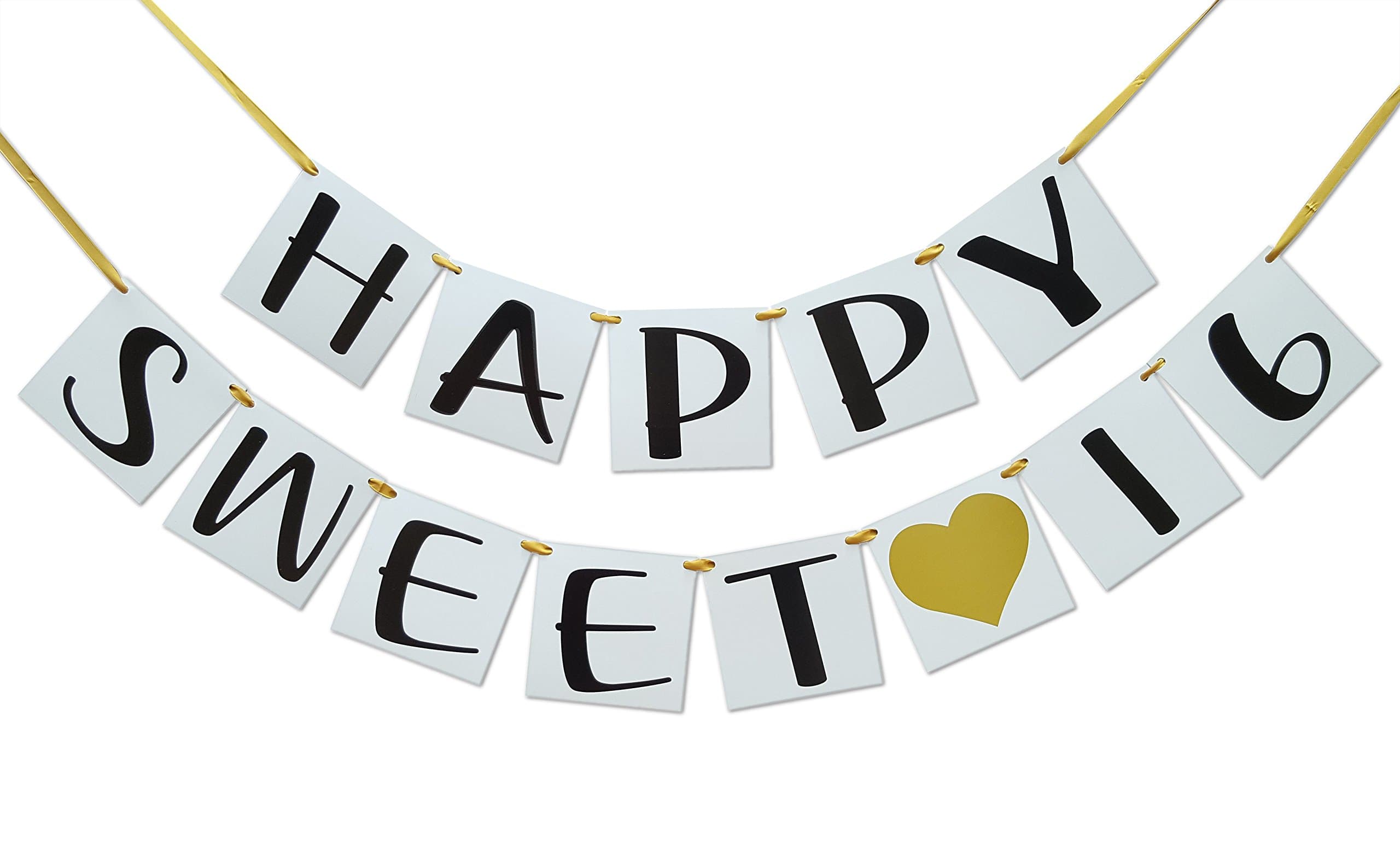 Sweet 16 Birthday Banner - Gold Hearts and Ribbon - Sweet Sixteen Decoration