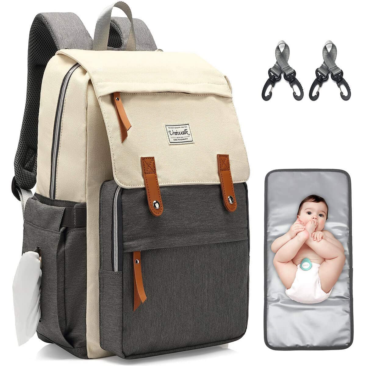 Diaper Bag Backpack, Multifunction Waterproof Travel Maternity Baby Care Changing Bags, Stylish Nappy Bags for Mom & Dad with Insulated Pockets, Girls/Boy Changing Pad, Large Capacity, Beige&Gray