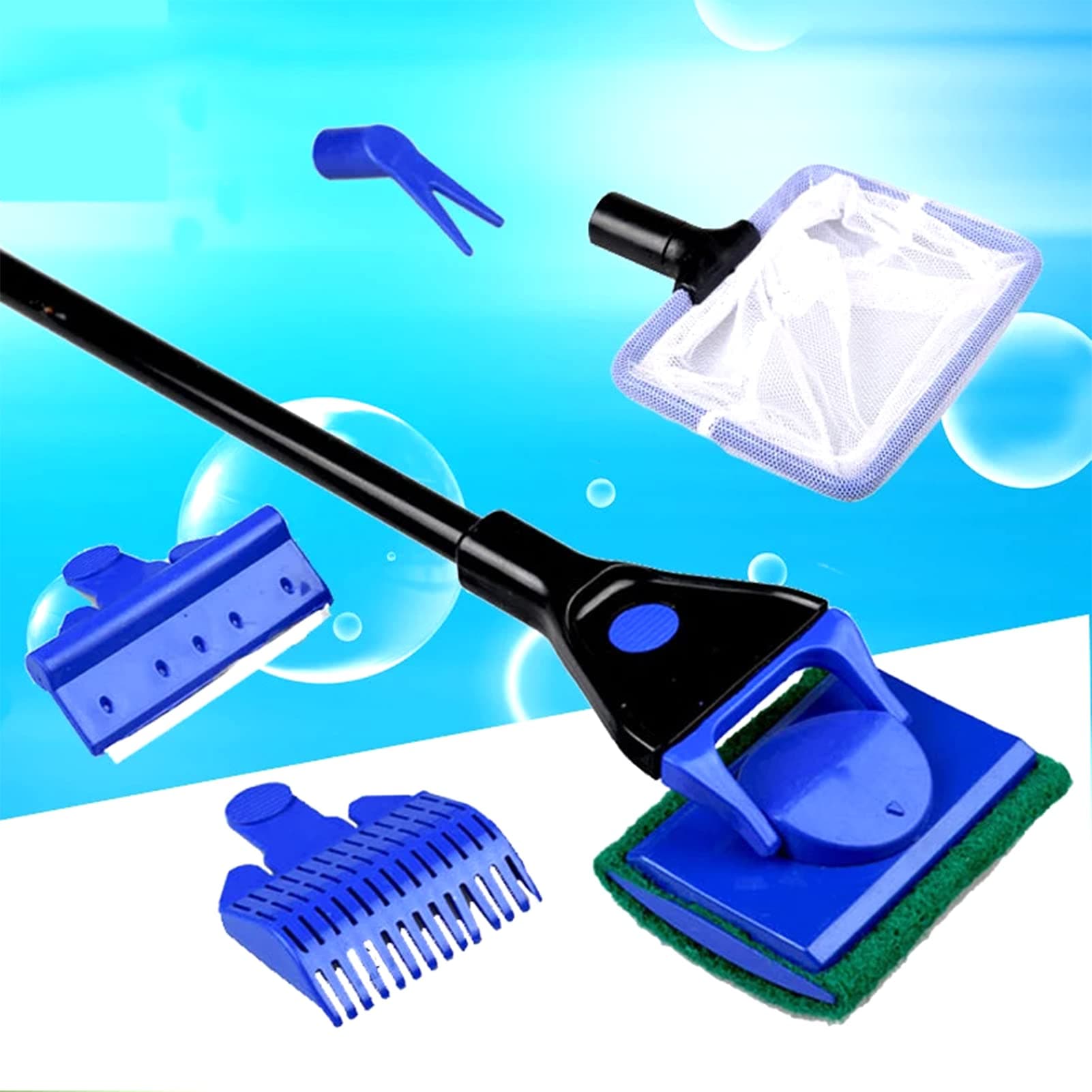 5 in 1 Aquarium Cleaning Tools Fish Tank Cleaning Kit Aquarium Tank Clean Set Fish Net Gravel Rake Algae Scraper Fork Sponge Brush Glass Cleaner Tools