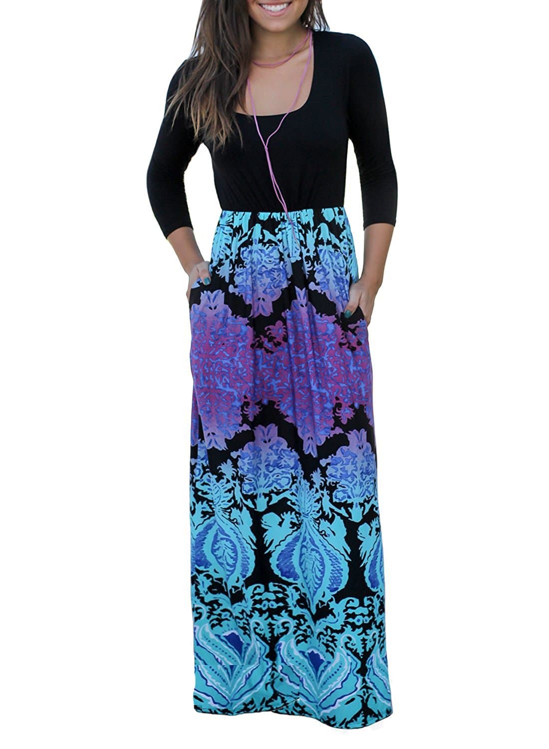 Trancylight Women Casual 3/4 Sleeve Printed Long Maxi Dresses with Pockets (Aque, XL)