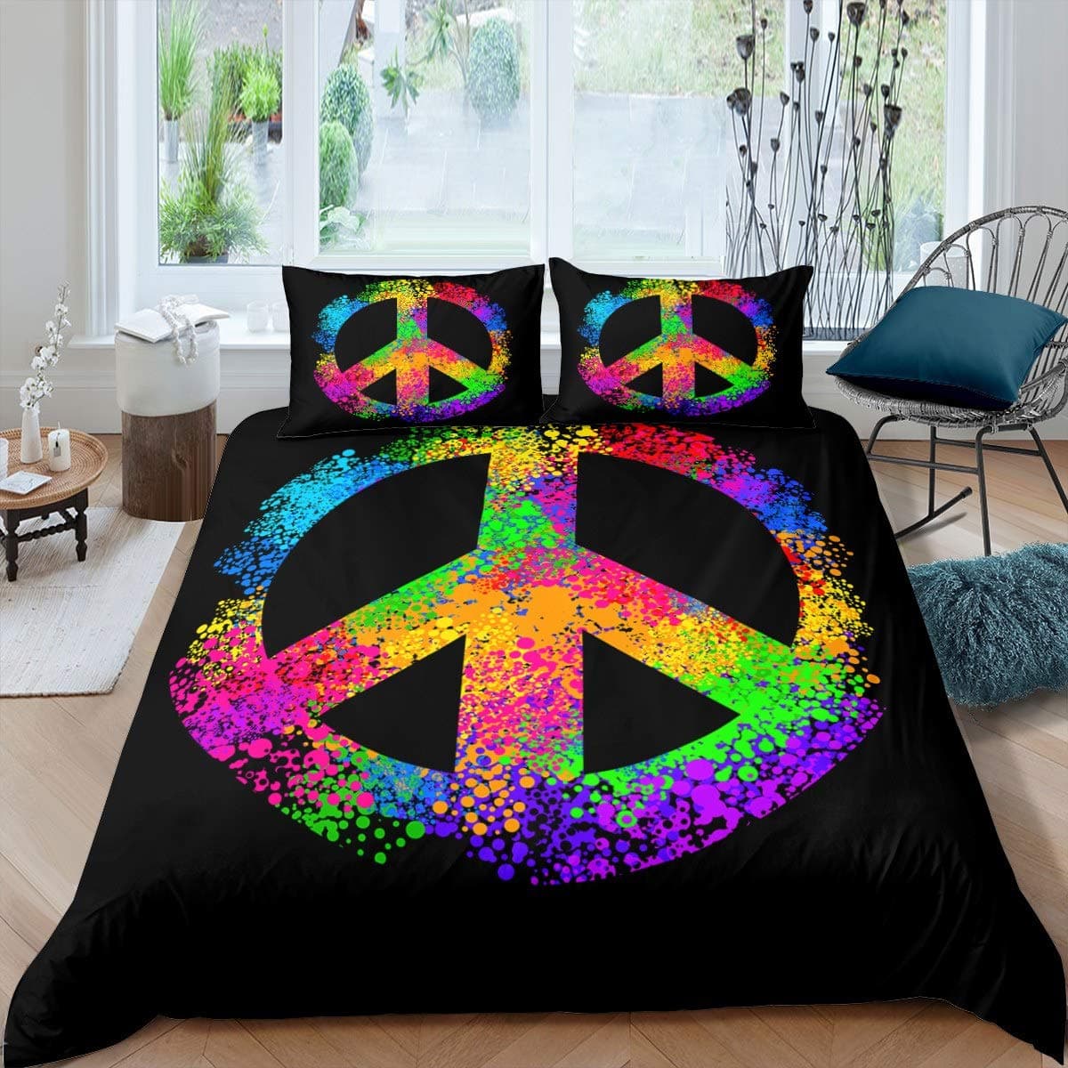 Feelyou Hippie Peace Art Duvet Cover Peace Sign Artwork Bedding Set for Kids Boys Girls Children Colorful Tie Dye Comforter Cover Rainbow Bedclothes Room Decor Bedspread Cover Twin Size