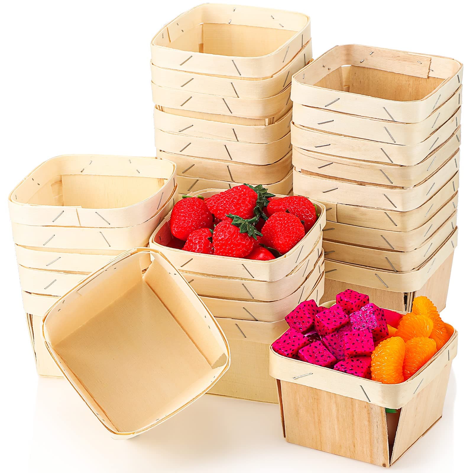 Unittype 50 Pcs Wood One Pint Wooden Fruit Strawberry Berry Basket Bulk 4 x 4 x 2.5 Inch Small Square Vented Container Boxes for Food Storage and Party Arts Crafts Decor (Fruit)