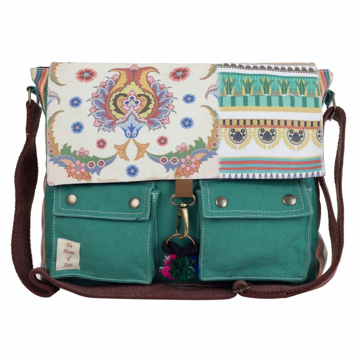 The House of Tara Teal Green Vintage Crossbody Canvas Sling Messenger bag with Stylish Design for Women