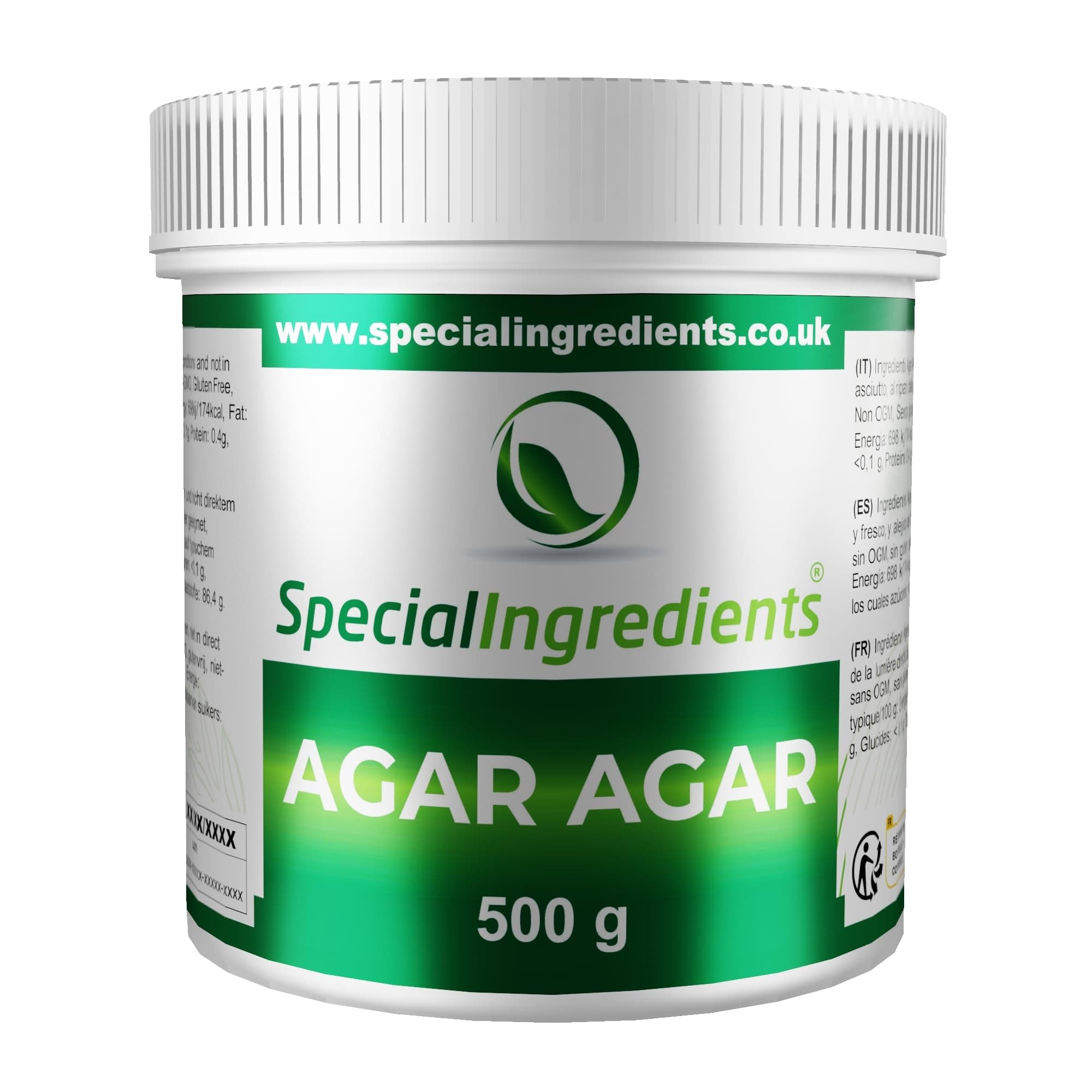 Agar Agar 500g Premium Quality Powder Vegan Gelatine, European, Suitable for Vegan's & Vegetarian's, Non GMO, Gluten Free, Recyclable Container - BRCGS/GFSI Certified.