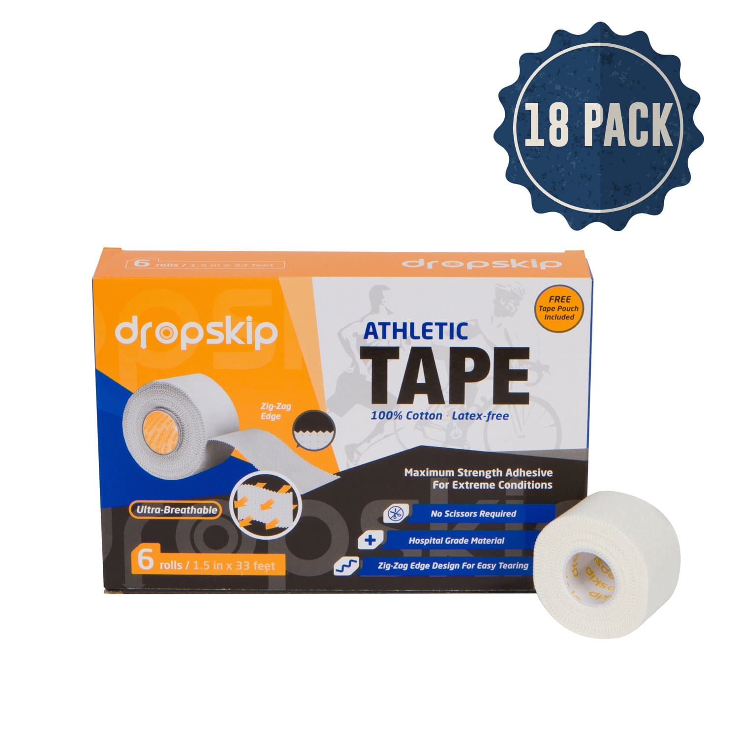 Athletic Tape in White, Ultra Breathable Sports Tape with Zigzag Edge for Easy Tearing, Made from 100% Hospital Grade Cotton, Latex Free zinc Oxide Adhesive, 1.5 inch x 33 feet (18 Pack)