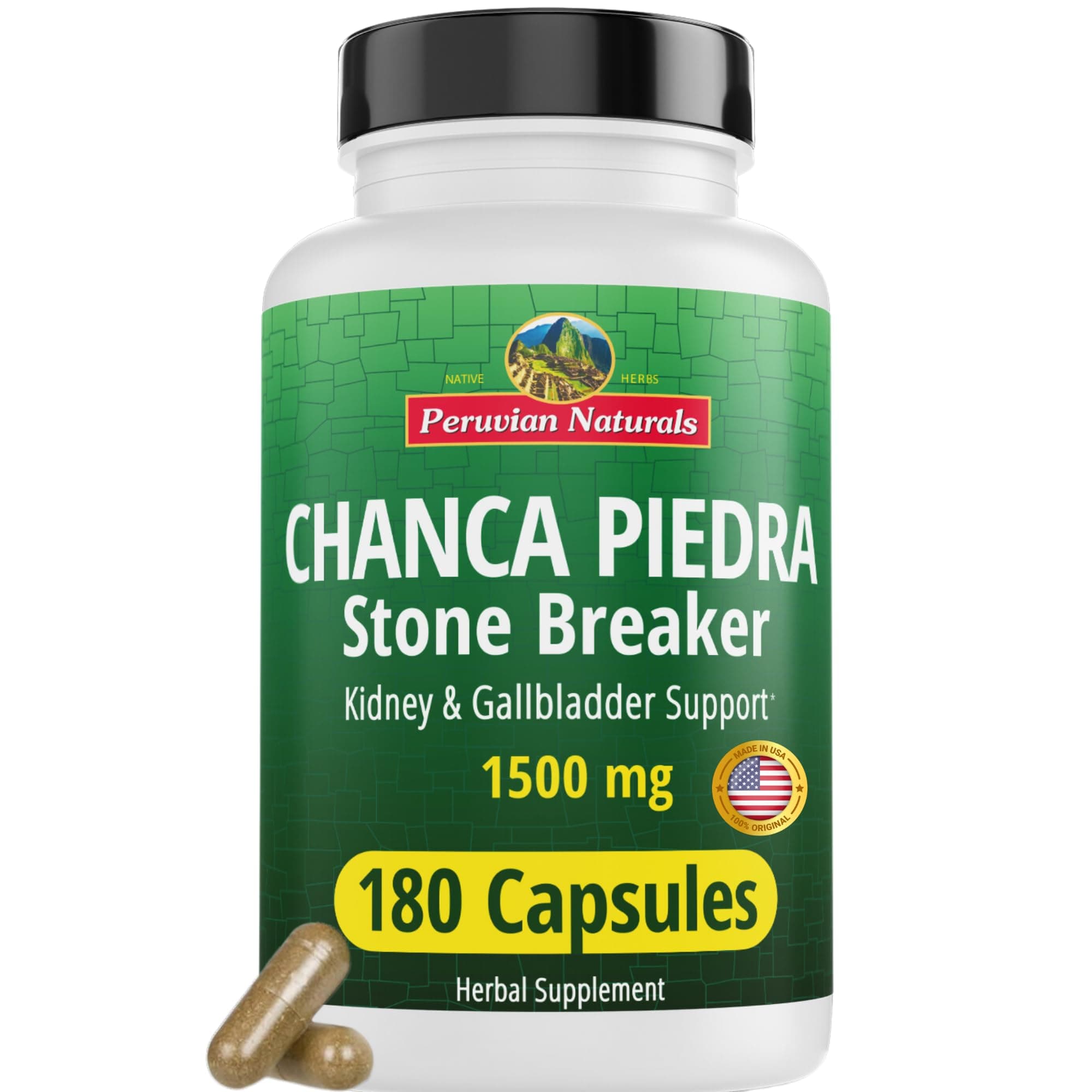 Peruvian Naturals Chanca Piedra Stone Breaker 180 Capsules - Kidney Stone Dissolver & Gallbladder - 1500mg per Serving - Chancapiedra Stonebreaker for Bladder Cleanse & Urinary Tract - Vegan, Non GMO