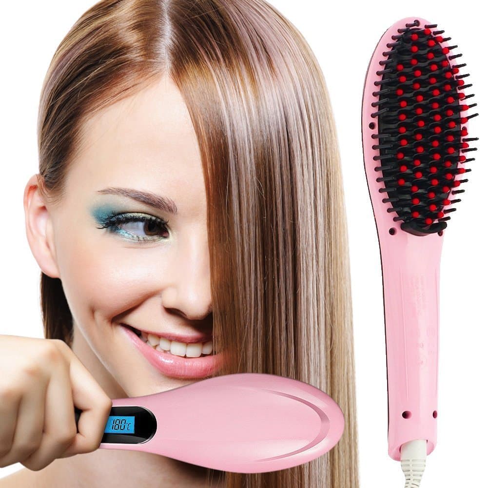 Hair Straightener - Ceramic Heating Irons Detangling Brush Anion Hair Care Electric Comb Hair Massage Straightening Irons Anti Scald Anti Static Perfect For Home Or Travel – Pink