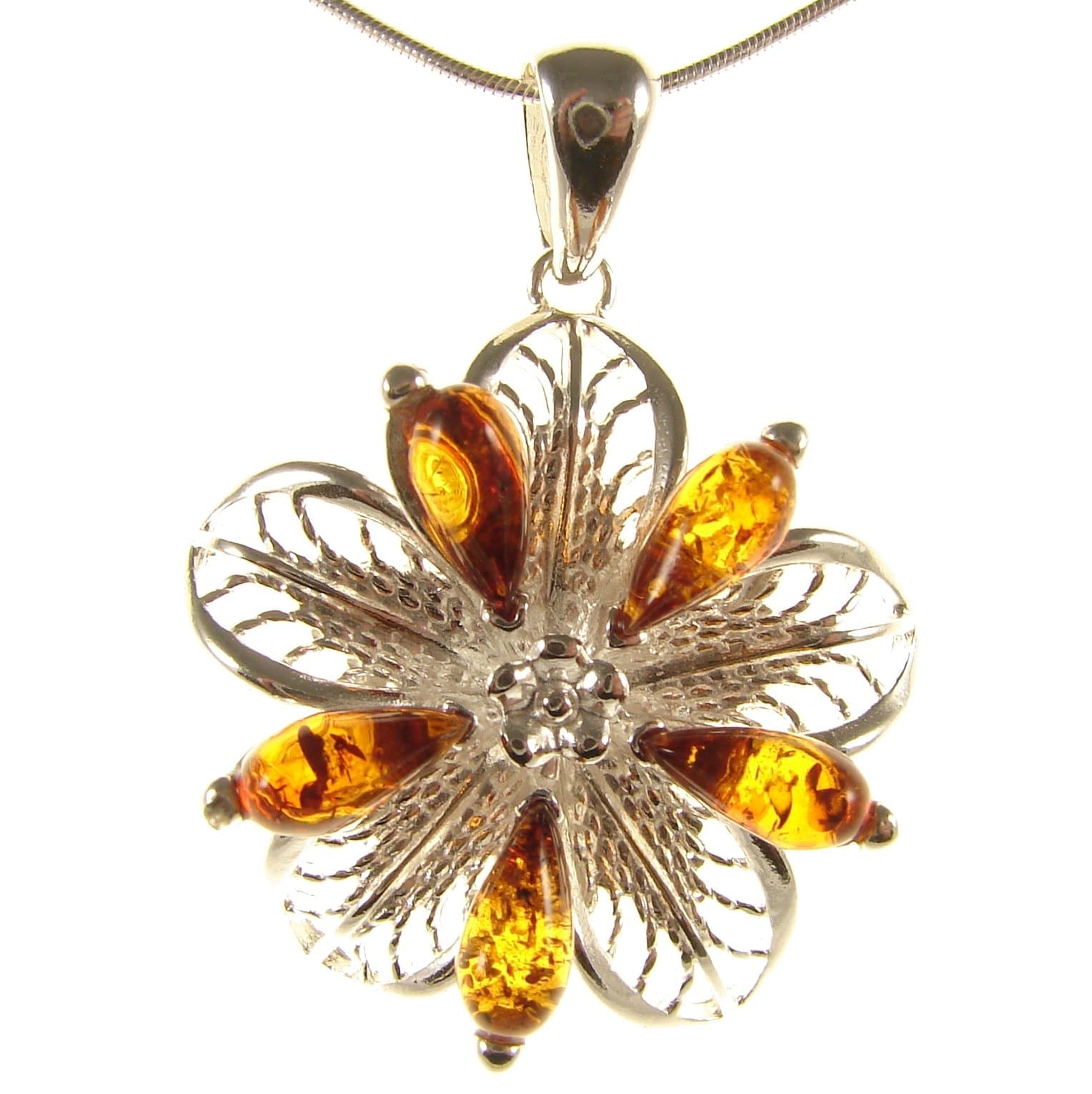 BALTIC AMBER AND STERLING SILVER 925 FLOWER PENDANT NECKLACE - 14 16 18 20 22 24 26 28 30 32 34" 1mm ITALIAN SNAKE CHAIN