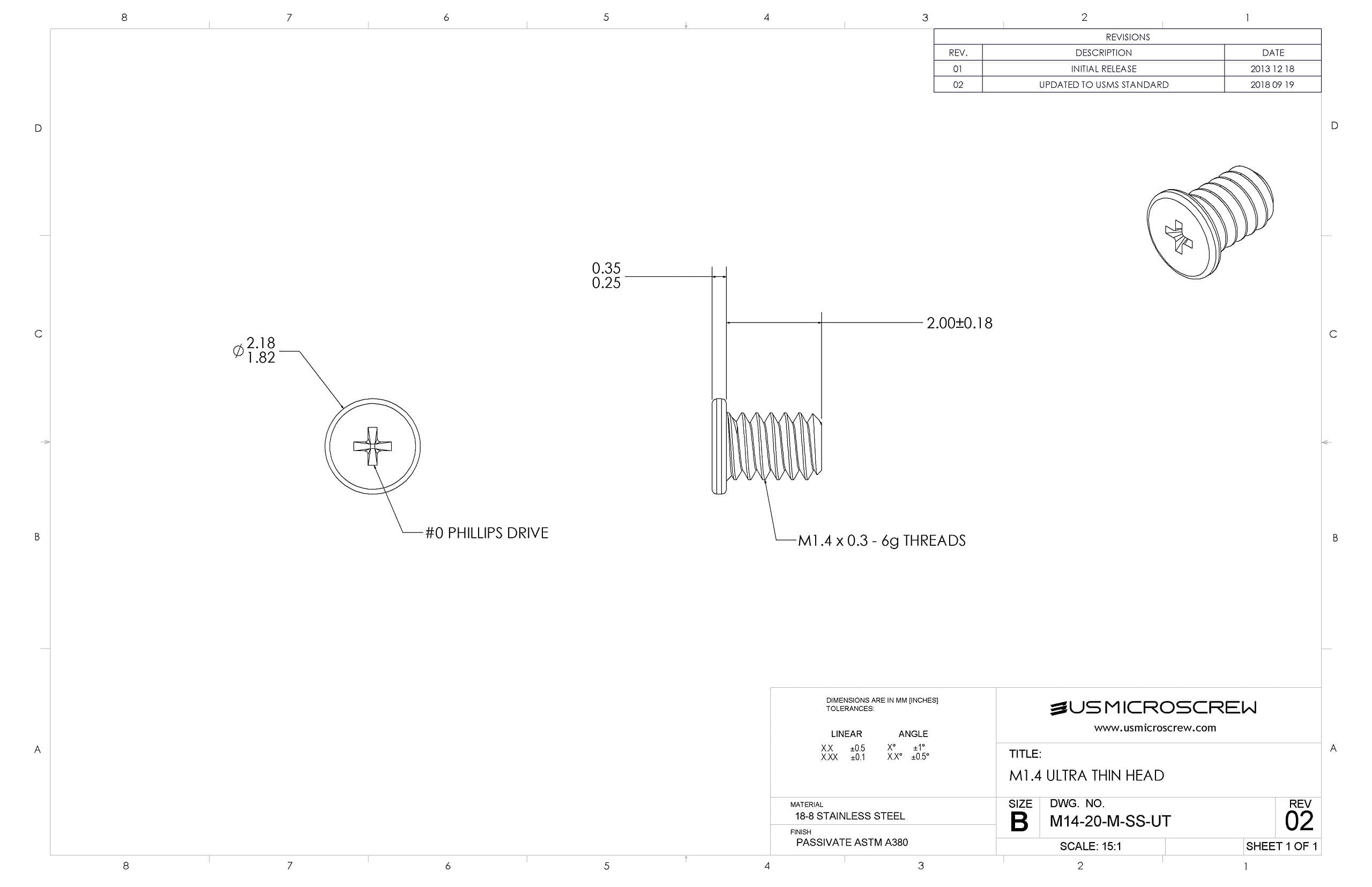 M1.4-0.3 X 2mm Machine Screw Stainless Steel Ultra Thin Head Phillips Drive (100 Pcs) - M14-20-M-SS-UT