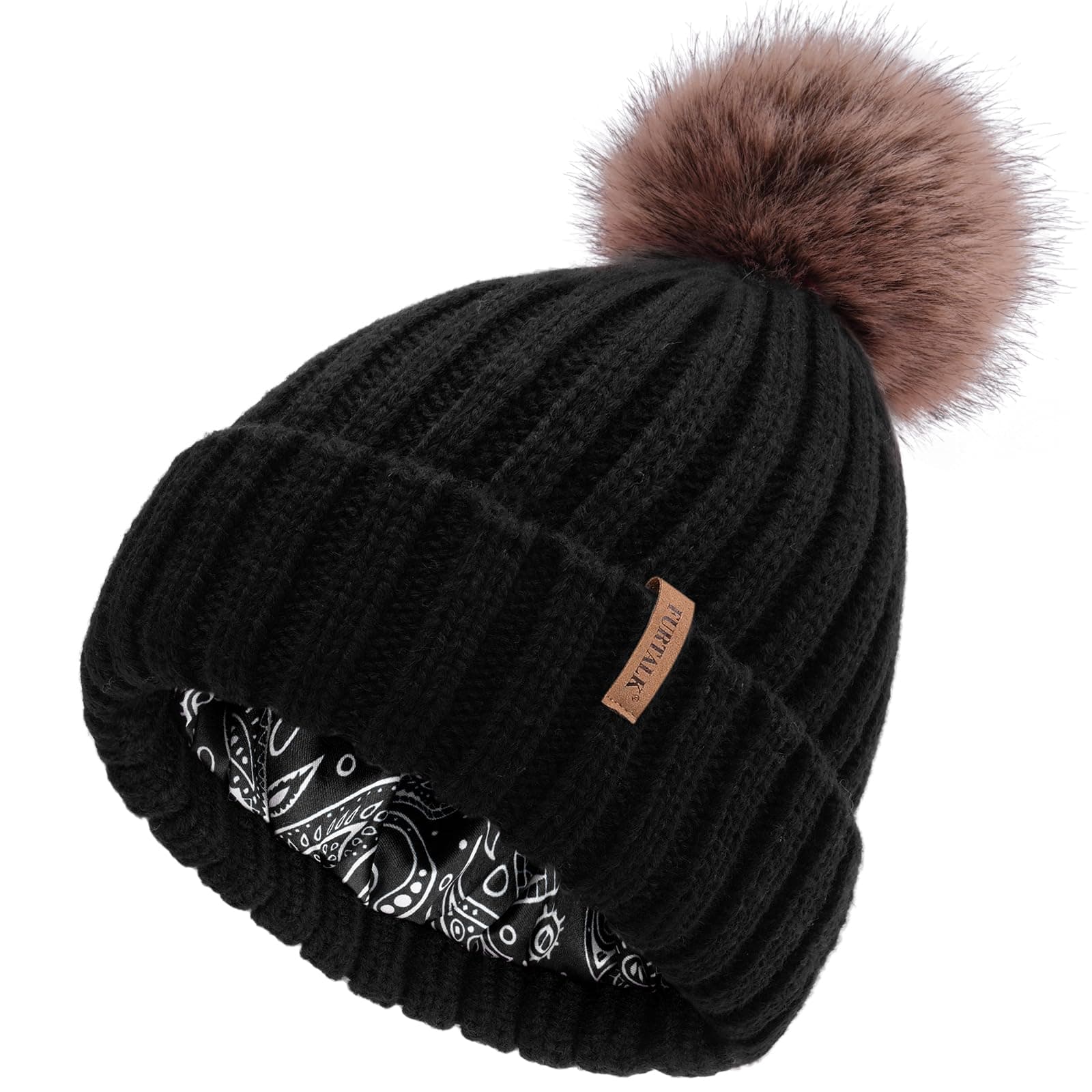 Womens Winter Beanie Hat Satin Lined Faux Fur Pom Pom Beanies Hat for Women Winter Warm Knit Hats