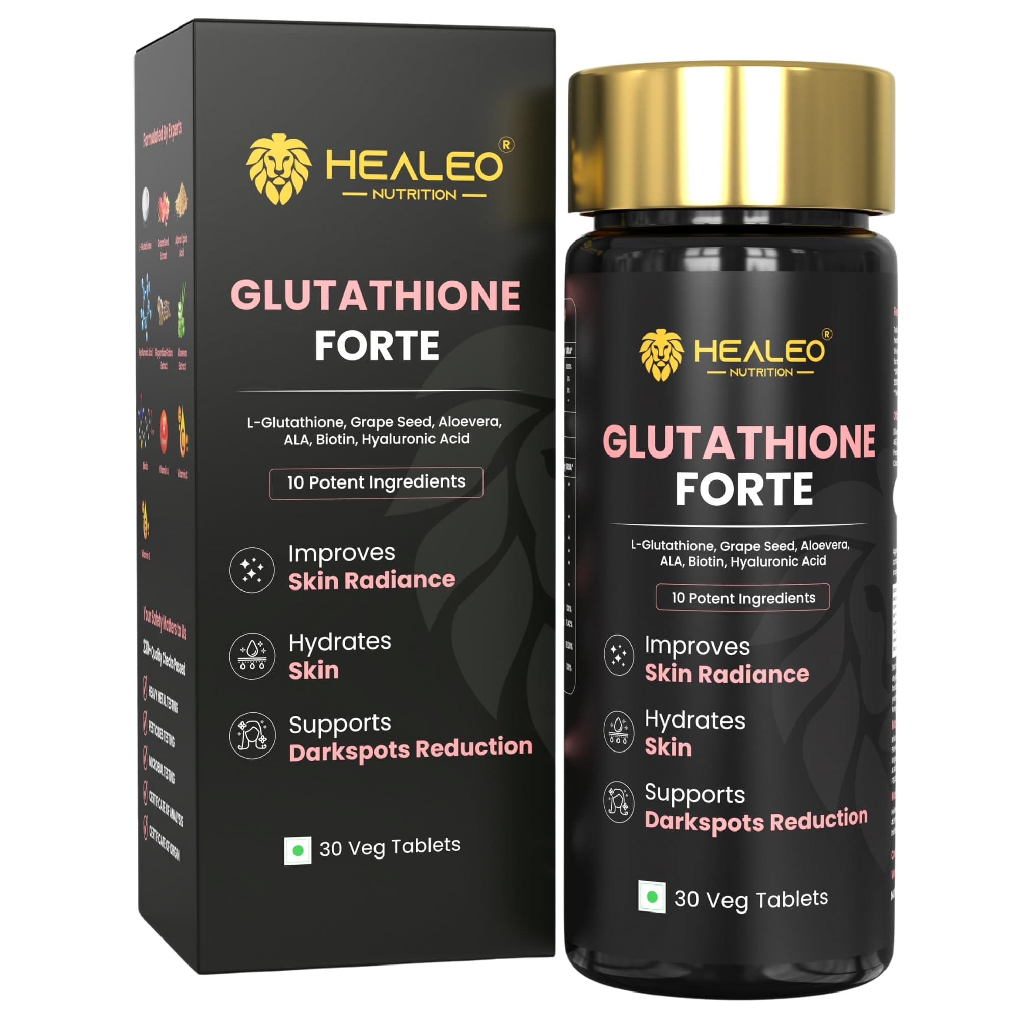 Glutathione Forte 1200mg with 99% Pure Glutathione, Hyaluronic Acid, ALA, Vitamin C, Aloe Vera For Glowing Skin - Acne Scar & Dark Spot Removal Supplement - Lab Tested - 30 Veg Tablets