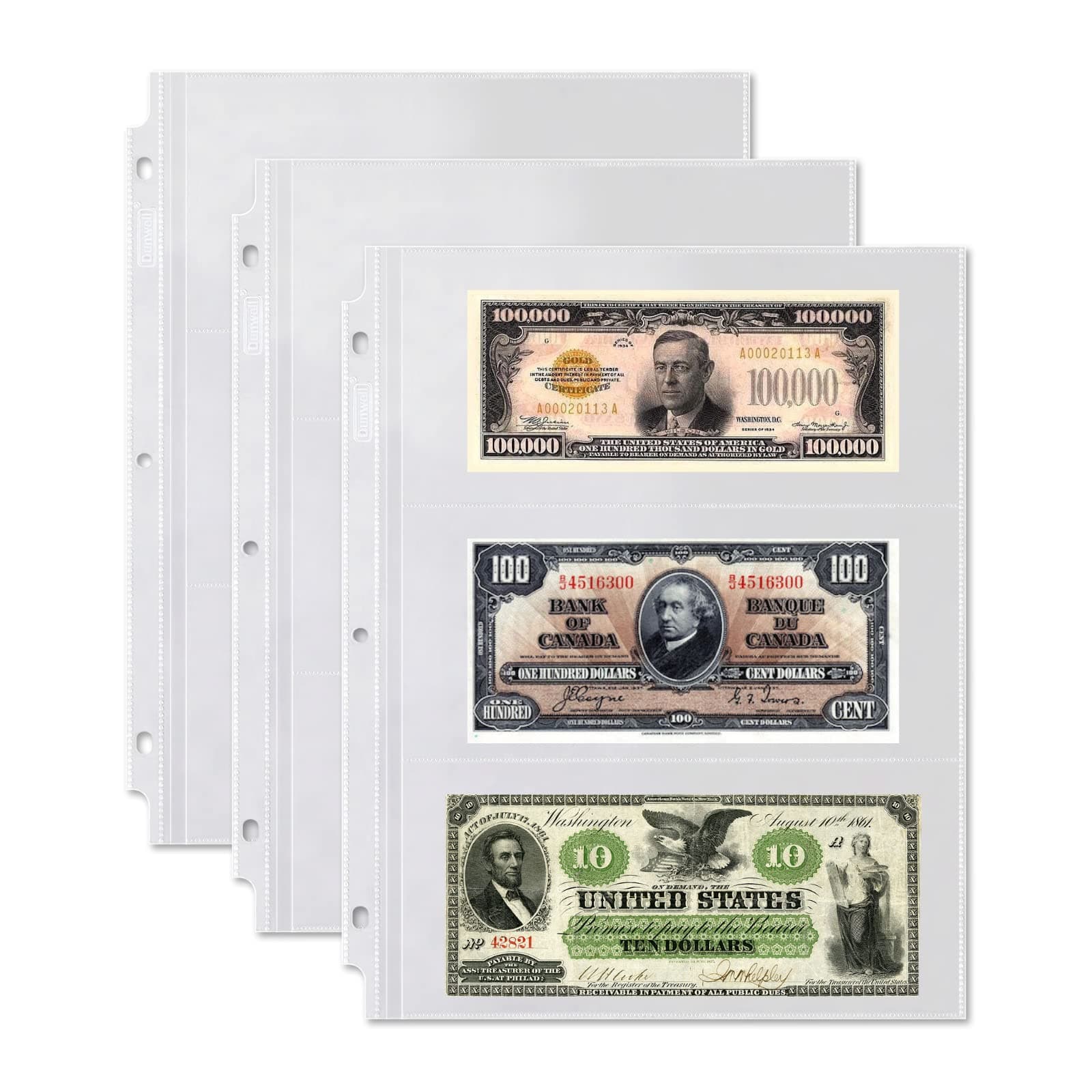 Dunwell Currency Sleeves for Collectors - (50 Pack), Acid-Free Plastic Currency Sheets, 3-Hole Punched Currency Album Pages for Paper Money Collection, Dollar Bills, Foreign Currency, or Coupons