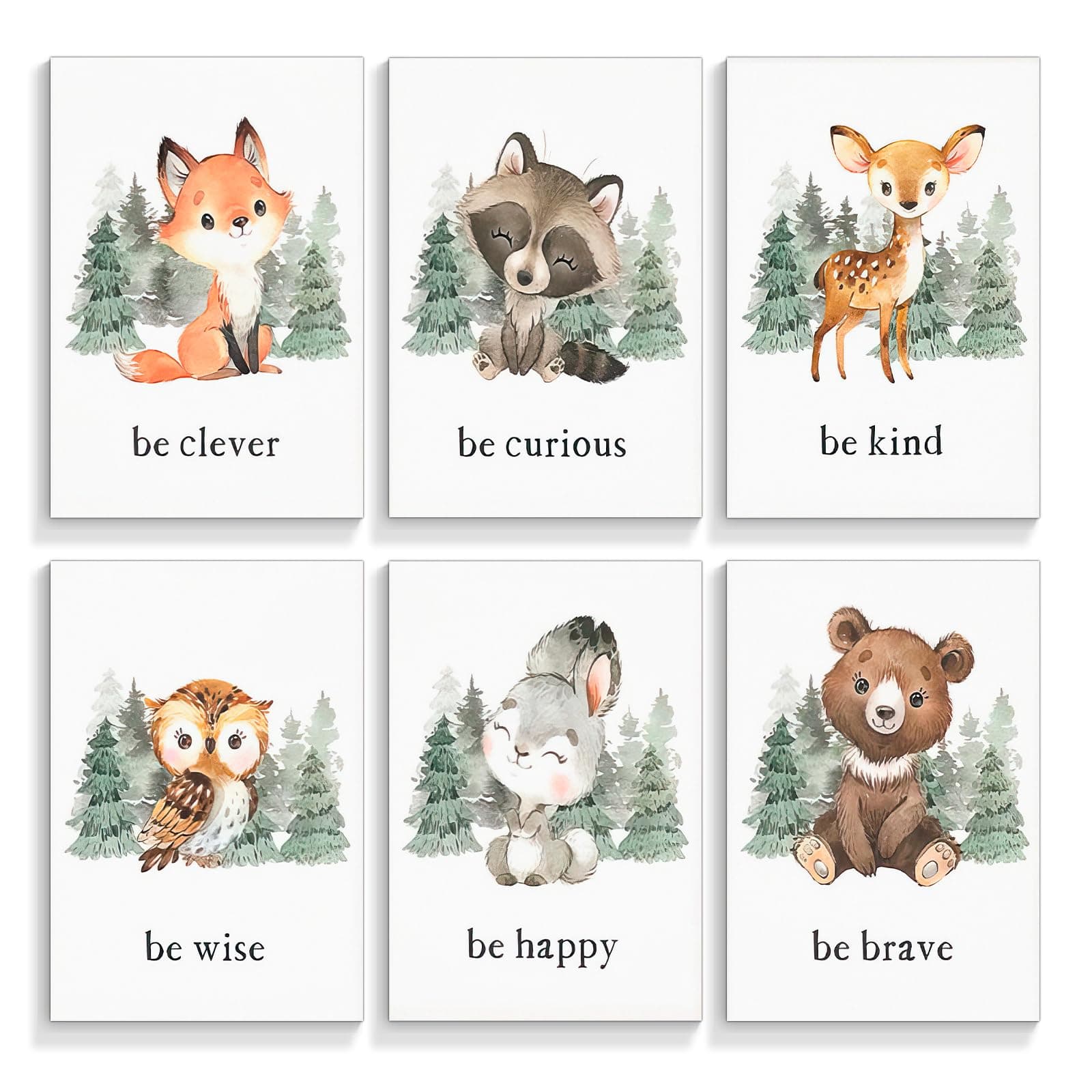 gooptyinh Woodland Nursery Animal Canvas Wall Art, 6 Piece Inspirational Forest Animals Print Posters, Motivational Quotes Cute Bear Fox Rabbit Deer Raccoon Owl Decor for Baby Bedroom 12x16in Unframed